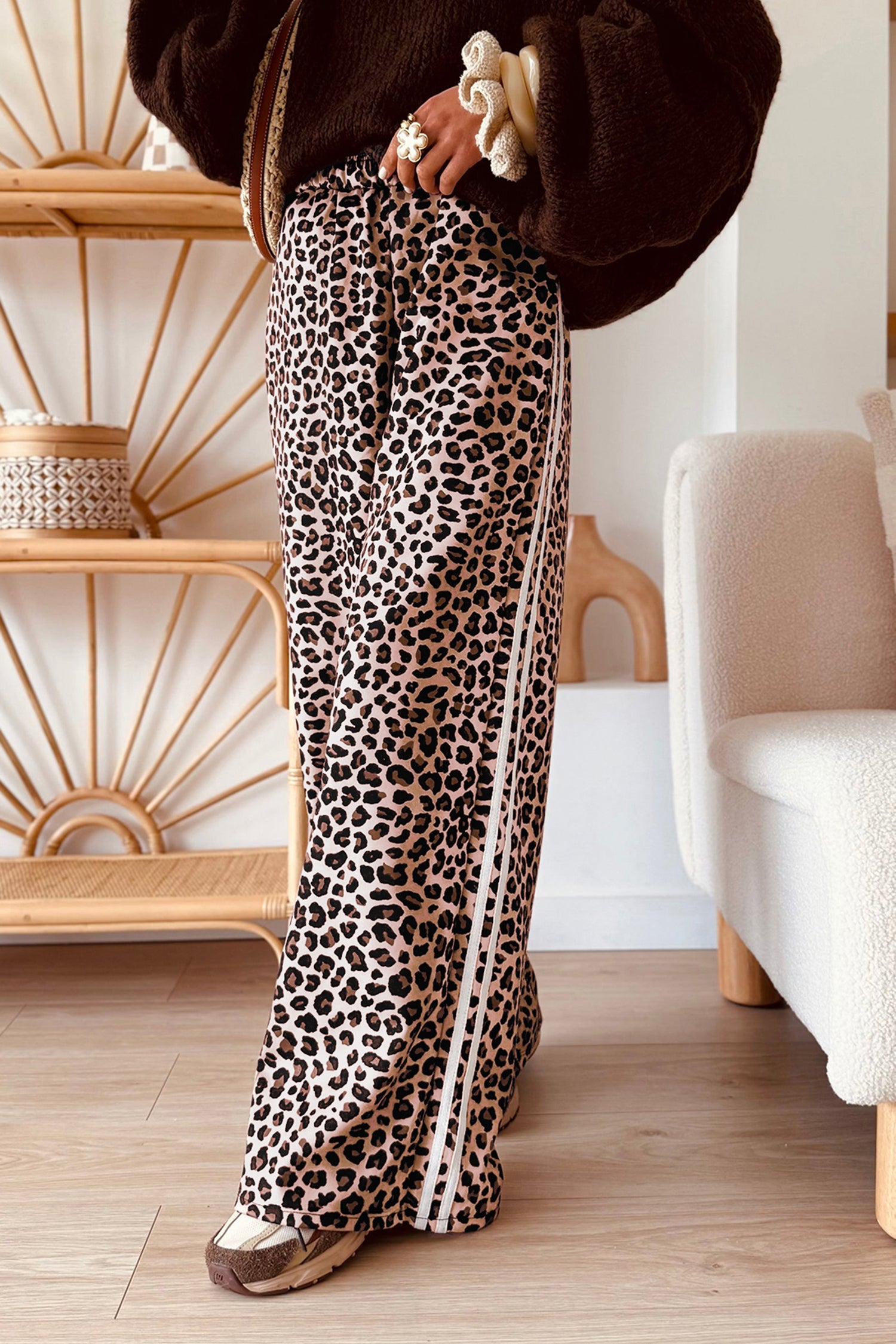 Leopard Print Side Striped Detail Casual Wide Leg Pants