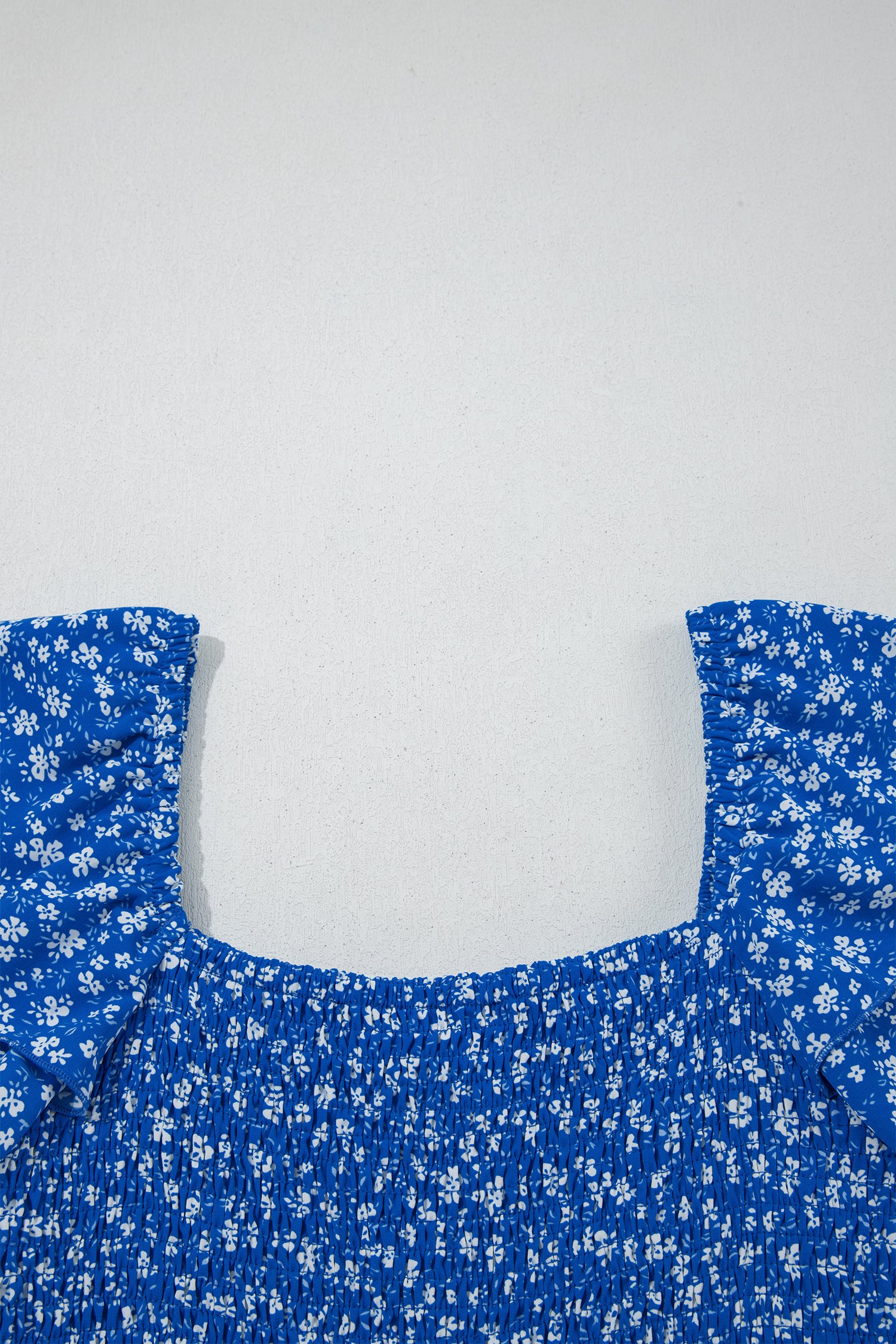 Blue Ditsy Floral Print Smocked Square Neck Ruffle Short Sleeve Dress