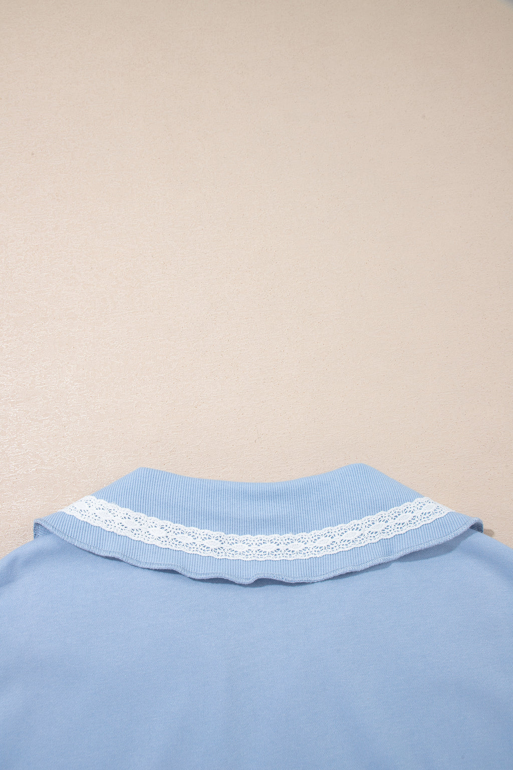 Sky Blue Lace Accent Zipped Collar Two Piece Set