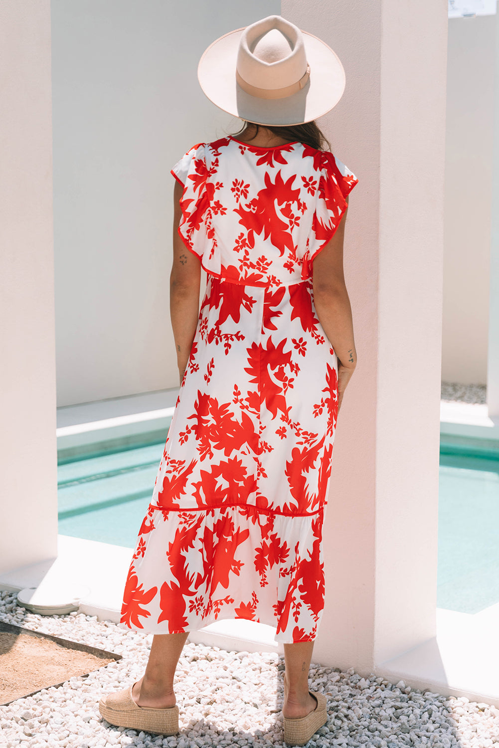 Red Floral Print Trimmed V Neck Ruffle Sleeve Dress