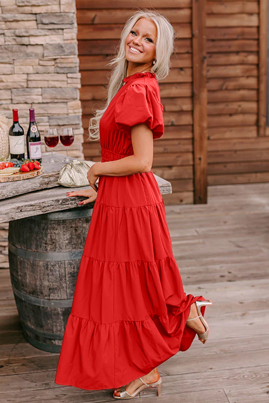 Green Solid Color V Neck Short Puff Sleeve High Waist Tiered Maxi Dress