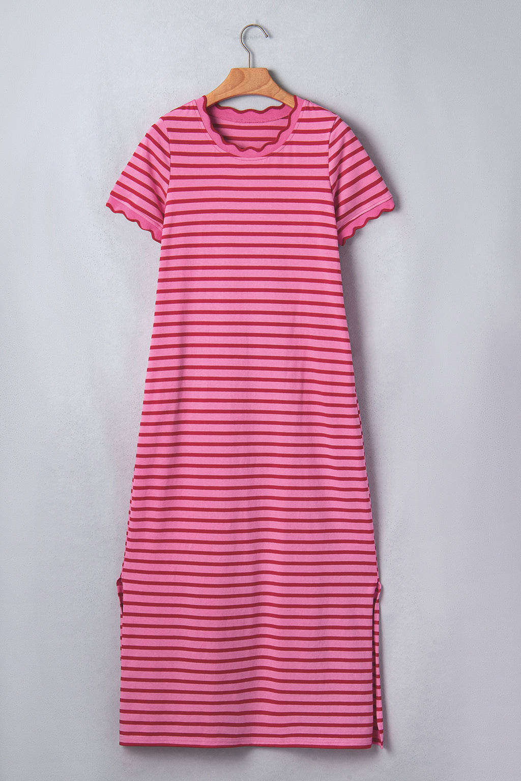 Rose Stripe Striped Short Sleeve Scalloped Trim Side Slit Dress