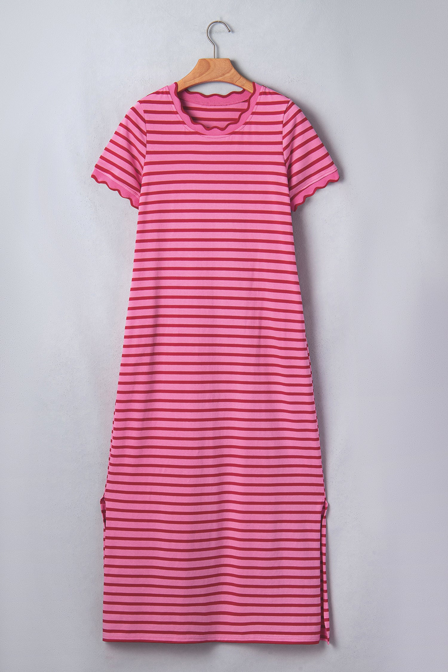Rose Stripe Striped Short Sleeve Scalloped Trim Side Slit Dress