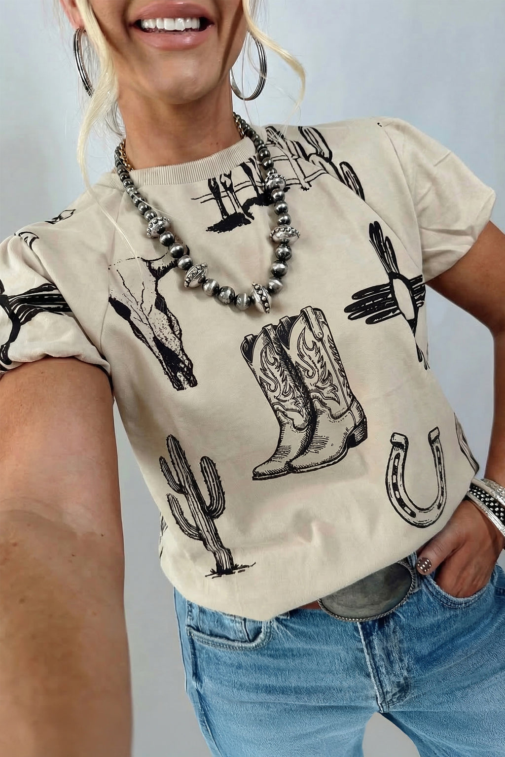 Beige Retro Western Print Top