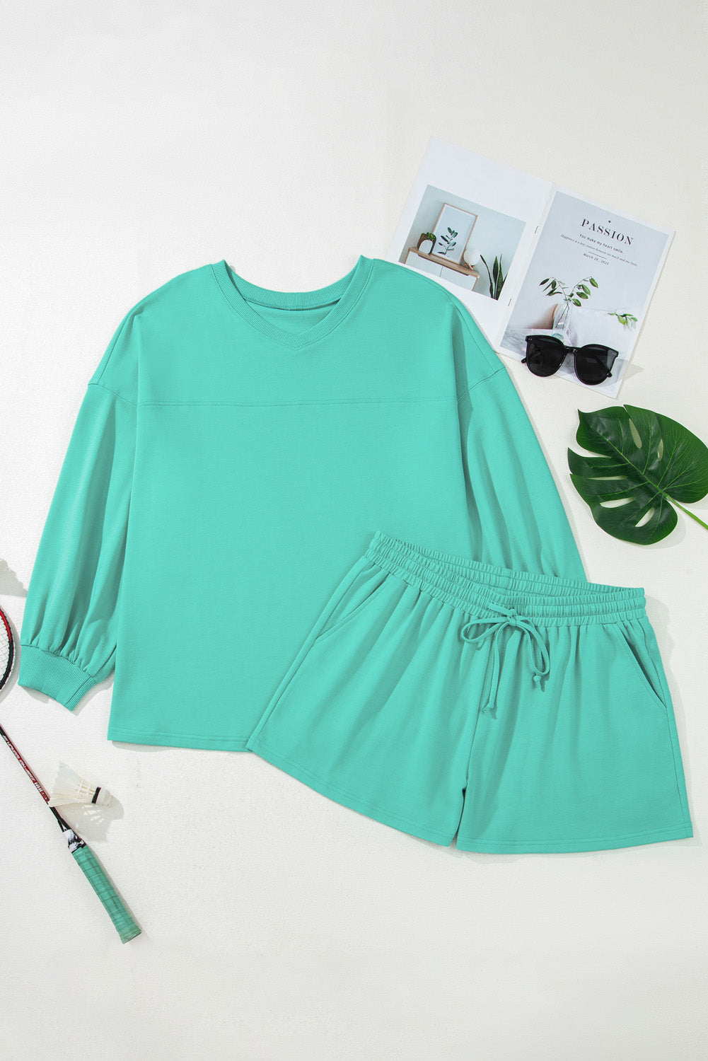 V Neck Pullover and Drawstring Short Plus Size Set