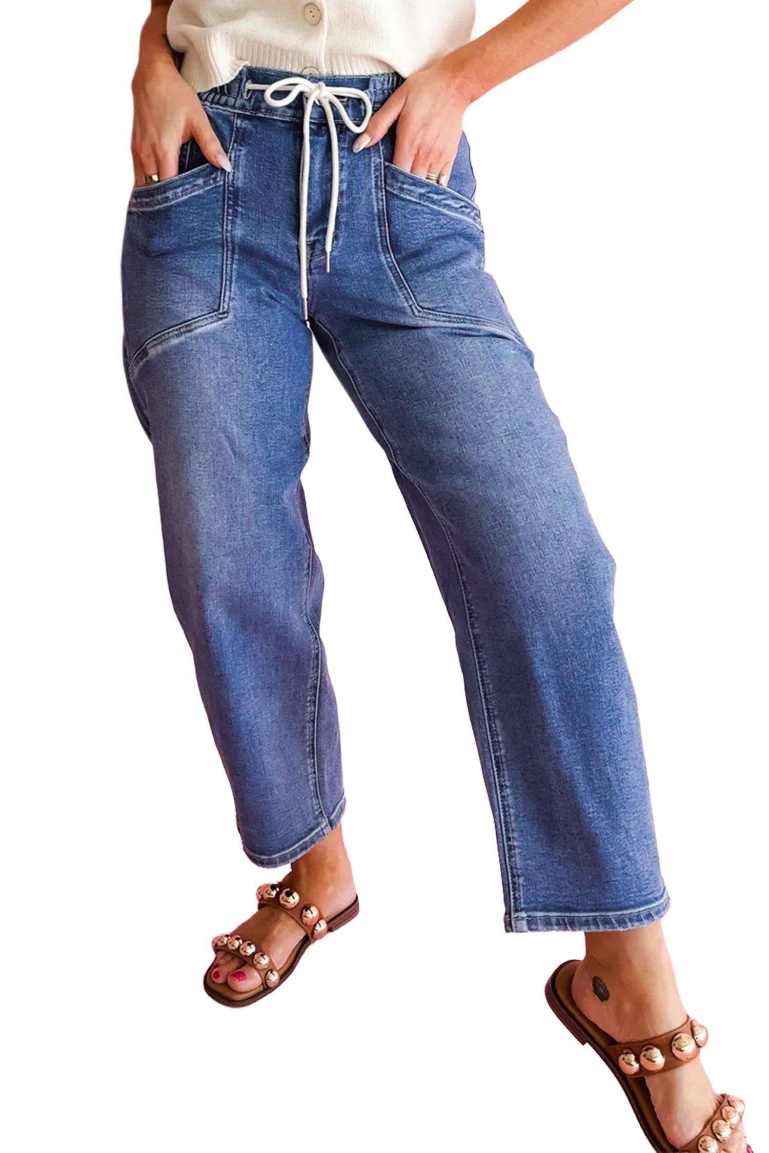 Ashleigh Blue Drawstring Waist Ankle Length Casual Jeans Pocket Detail Denim Pants