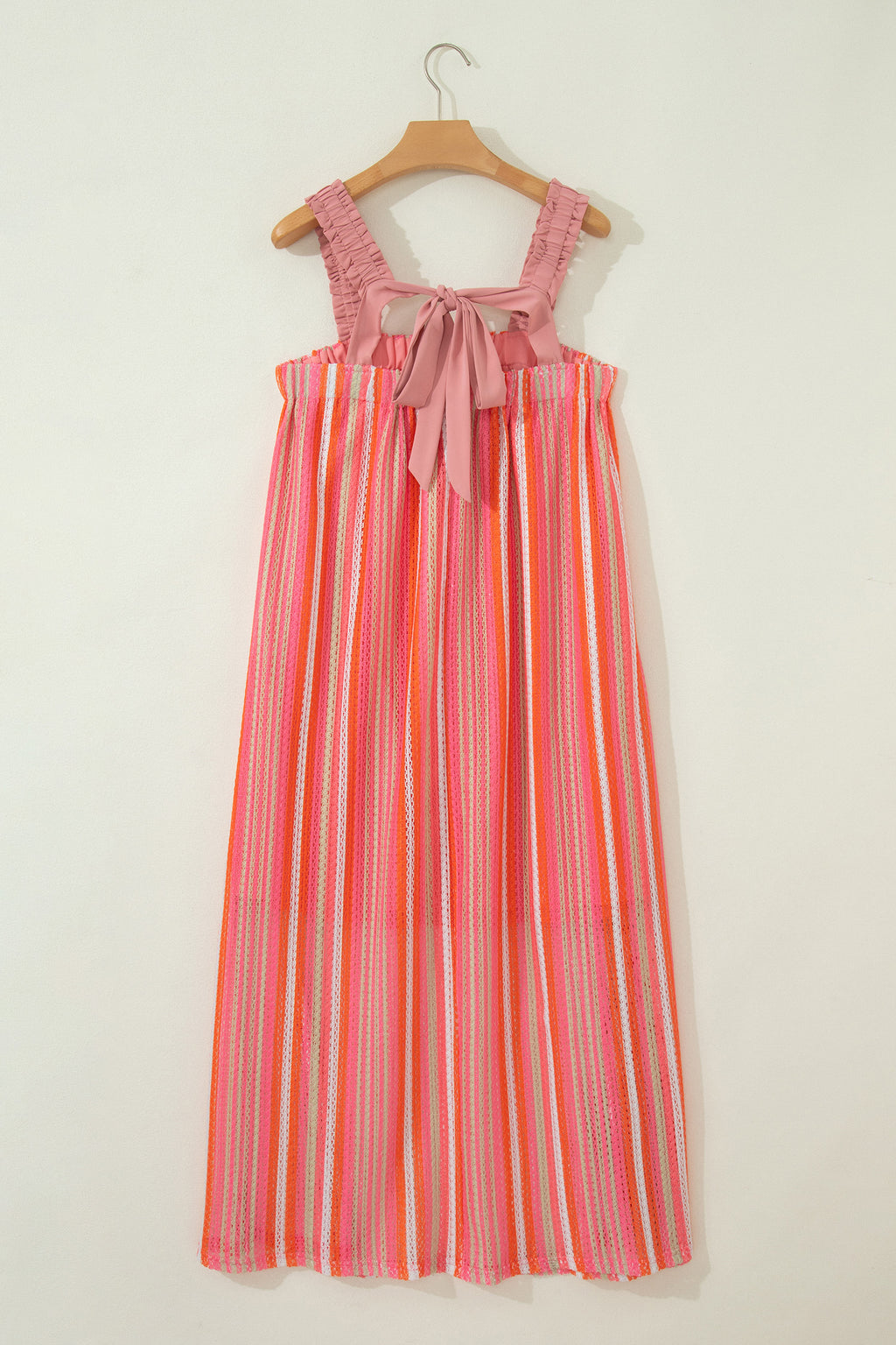 Pink Stripe Ruffled Straps Ribbon Knot Maxi Dress