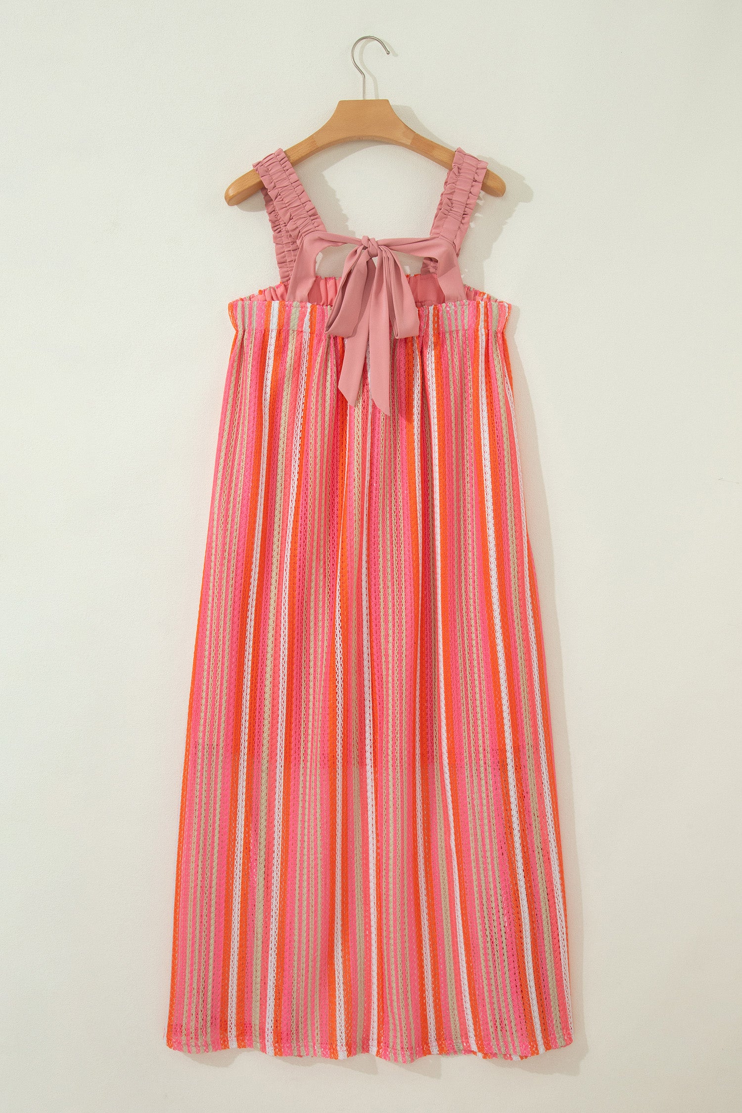 Pink Stripe Ruffled Straps Ribbon Knot Maxi Dress