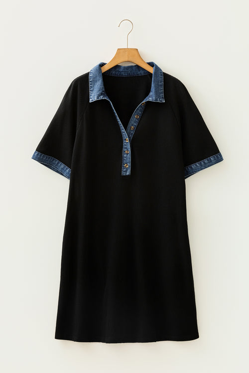 Black Denim Collar Short Sleeve Plus Size Shift Dress