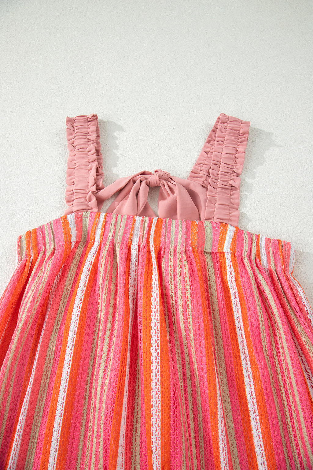 Pink Stripe Ruffled Straps Ribbon Knot Maxi Dress