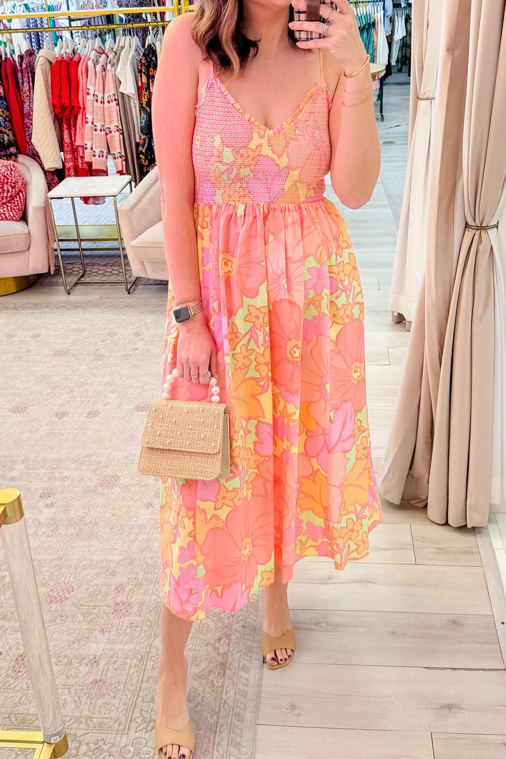 Spaghetti Strap Floral Shirred High Waist Dress