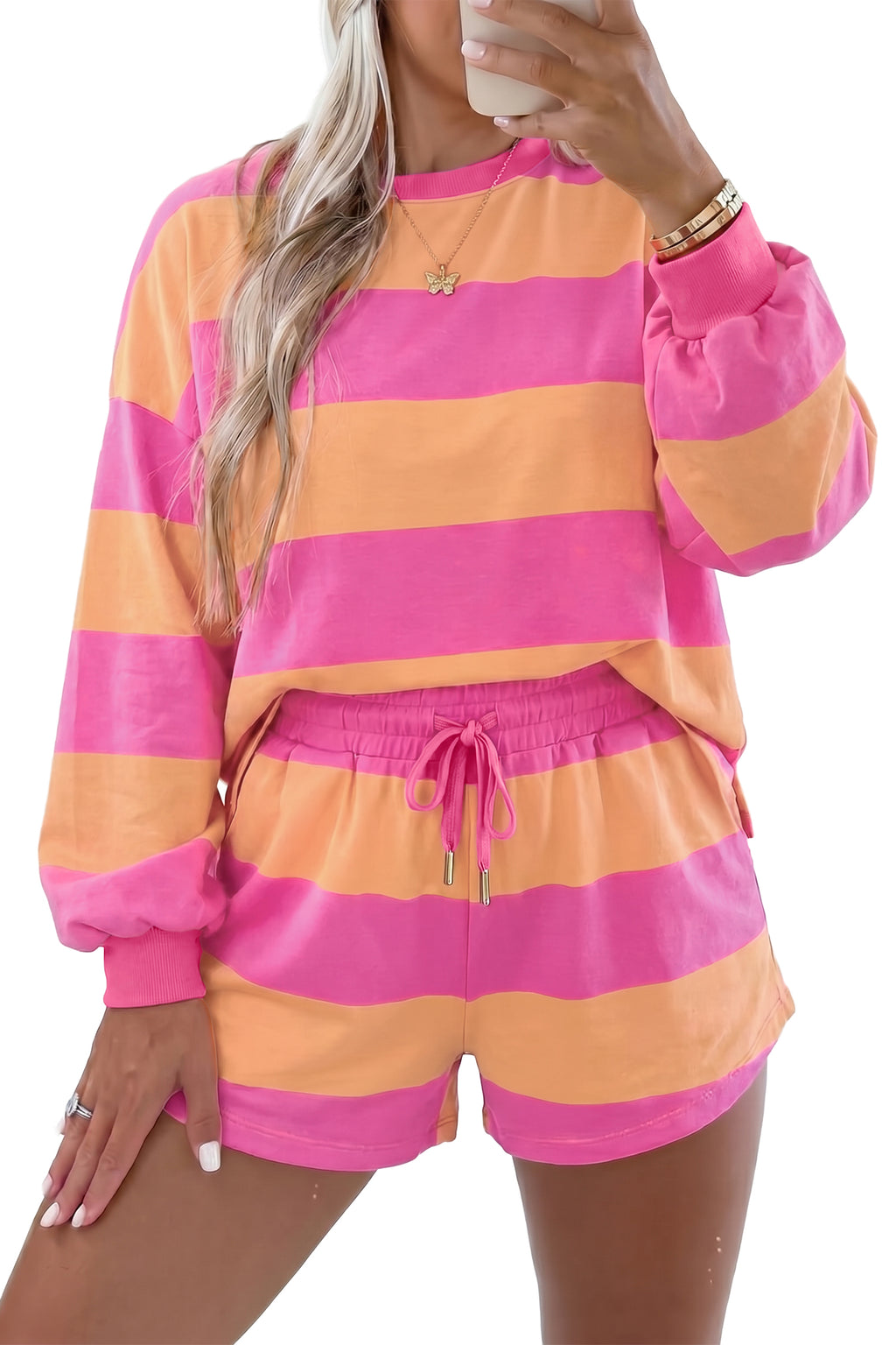 Pink Stripe Long Sleeve Casual Top Drawstring Shorts Two Piece Set