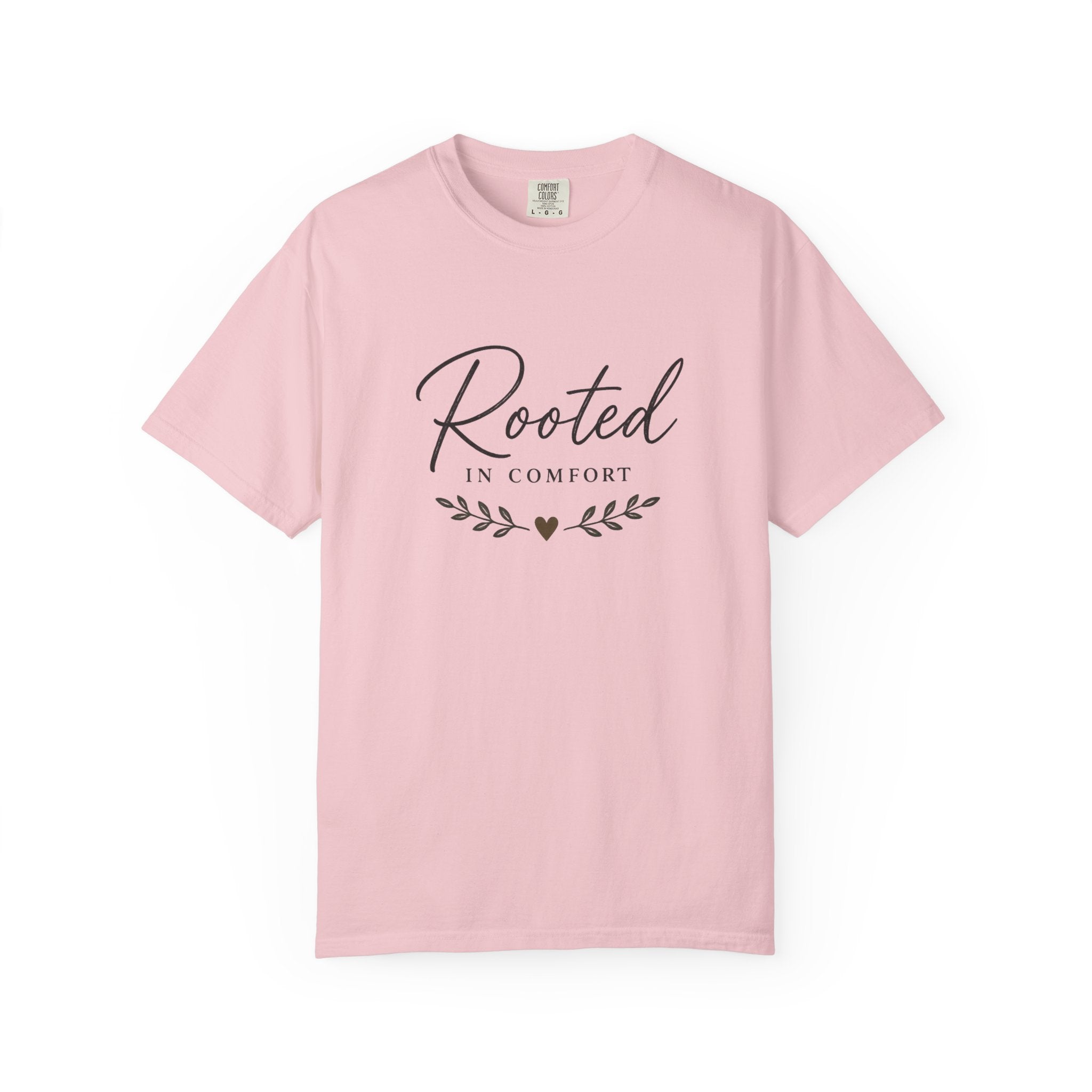 Rooted in Comfort T-Shirt — Cozy Script Graphic Tee with Leaf Accent