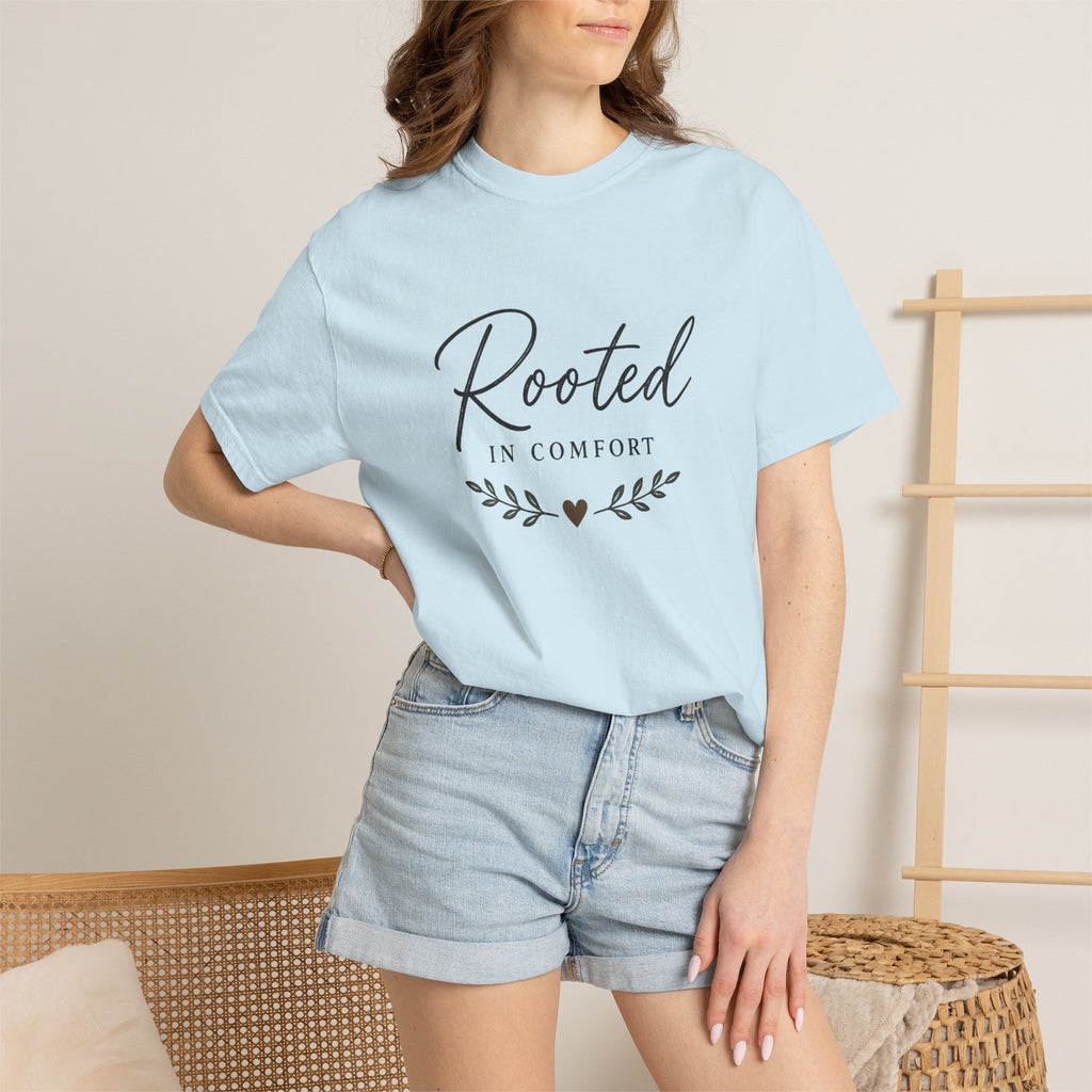 Rooted in Comfort T-Shirt — Cozy Script Graphic Tee with Leaf Accent