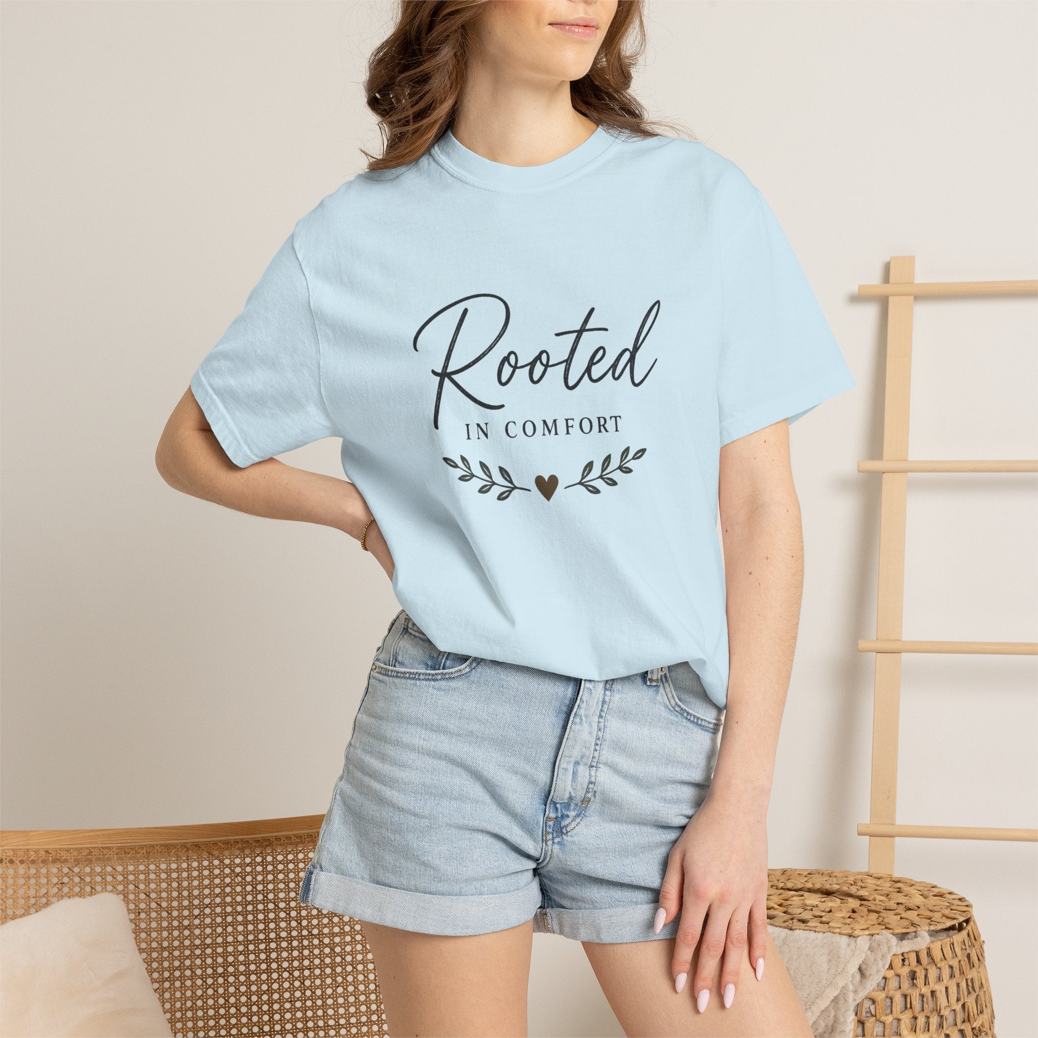 Rooted in Comfort T-Shirt — Cozy Script Graphic Tee with Leaf Accent