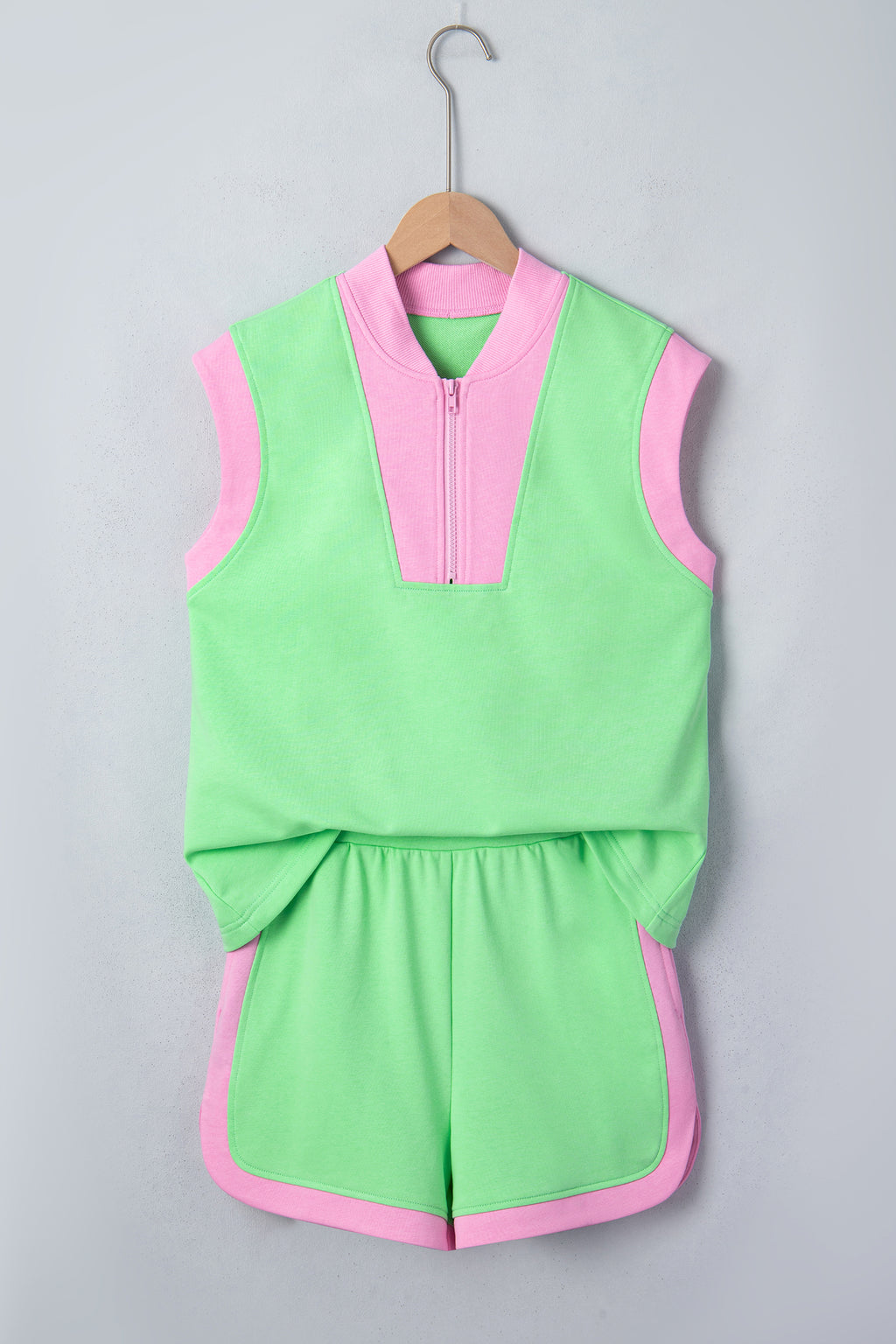 Green Color Block Accent Half Zip Top Two Piece Set