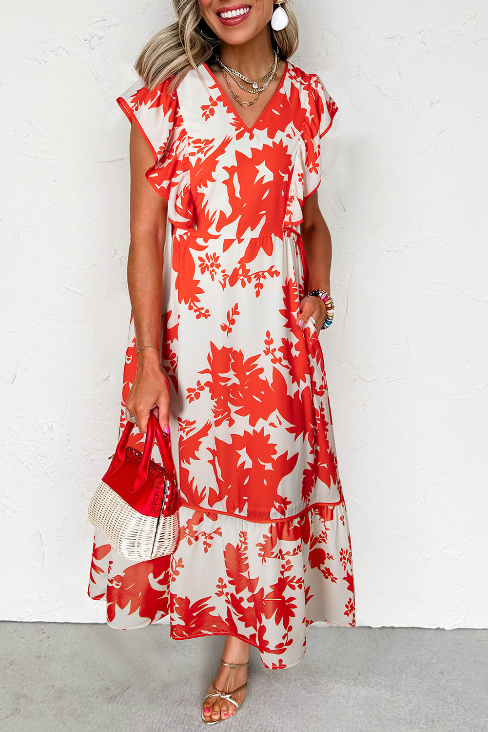 Red Floral Print Trimmed V Neck Ruffle Sleeve Dress
