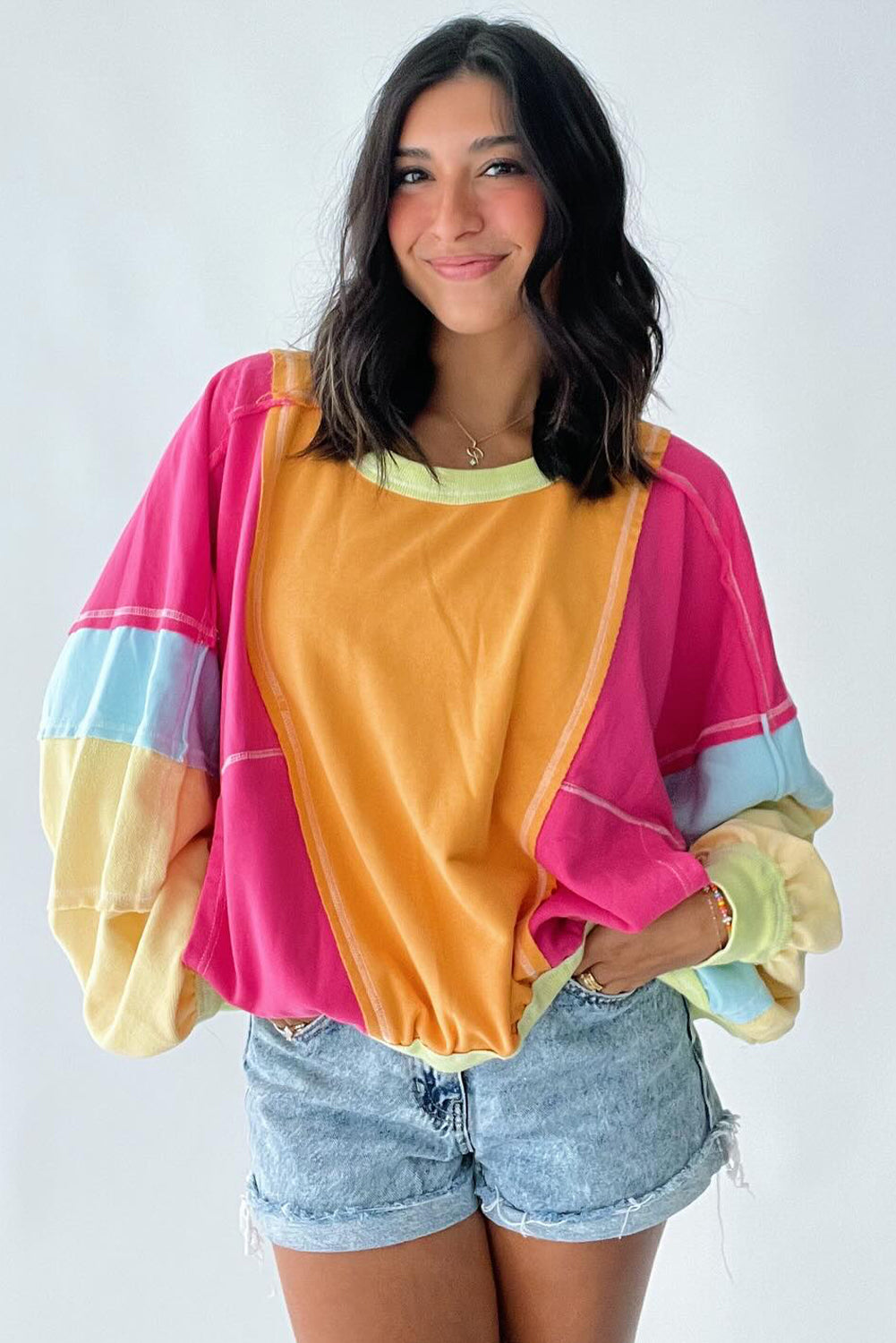 Plus Size Colorblock Patchwork Exposed Seam Top