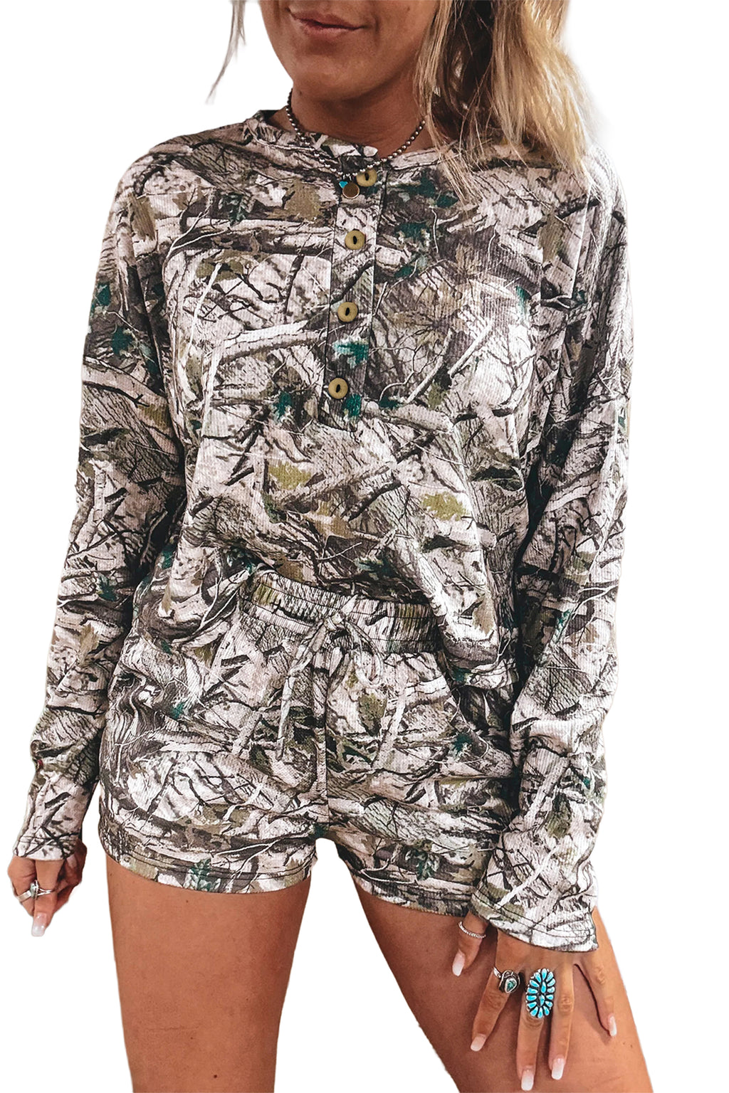 Camo Long Sleeve Elastic Waist Shorts Two Piece Set