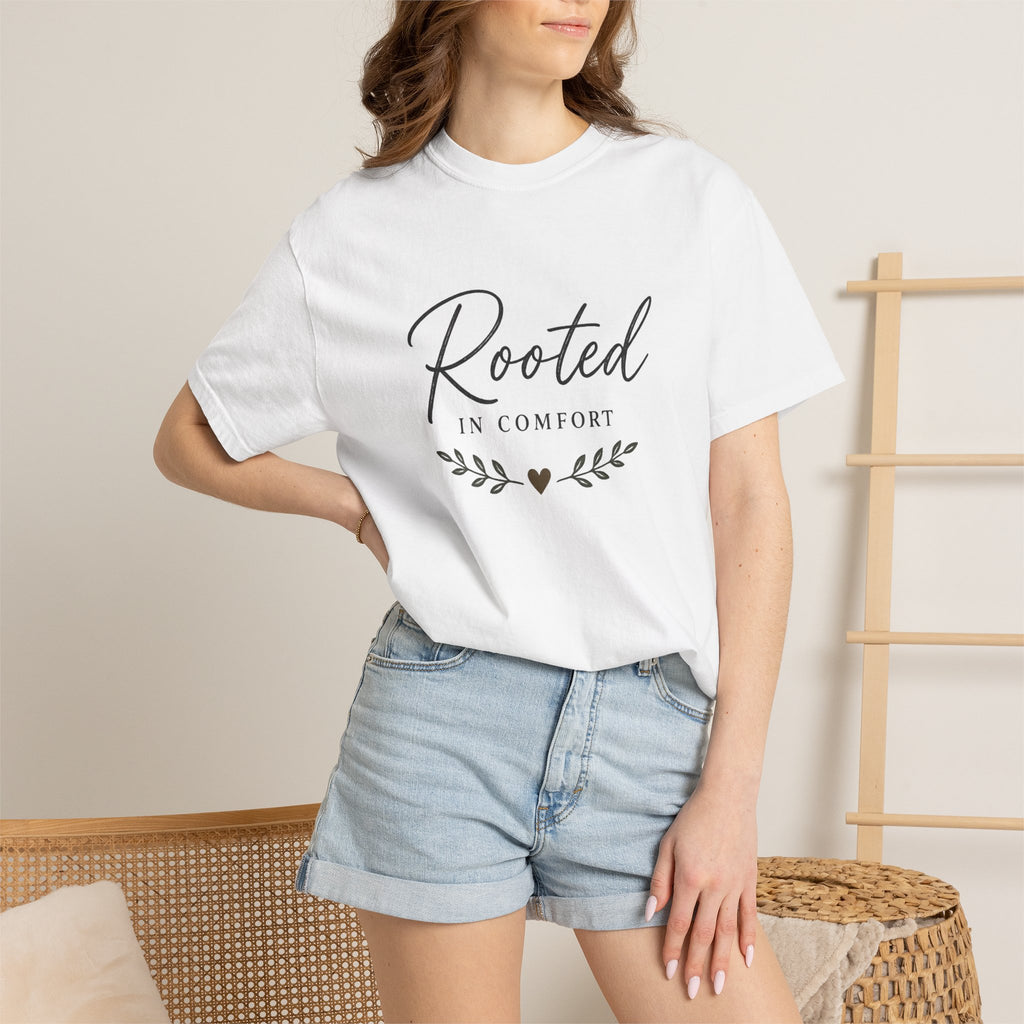 Rooted in Comfort T-Shirt — Cozy Script Graphic Tee with Leaf Accent
