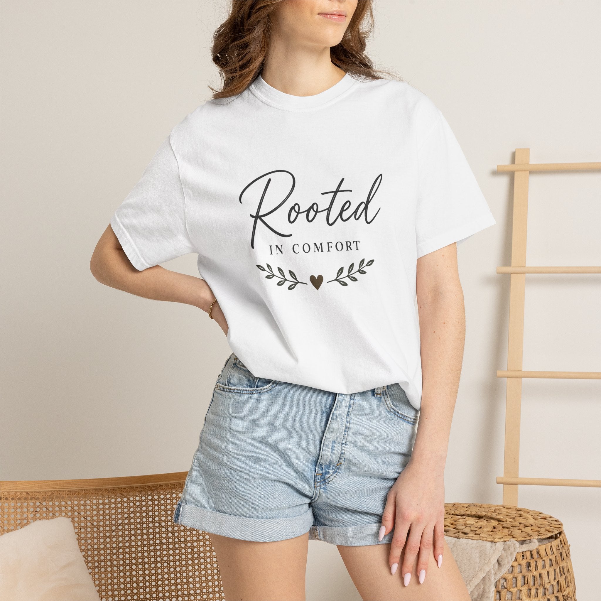 Rooted in Comfort T-Shirt — Cozy Script Graphic Tee with Leaf Accent