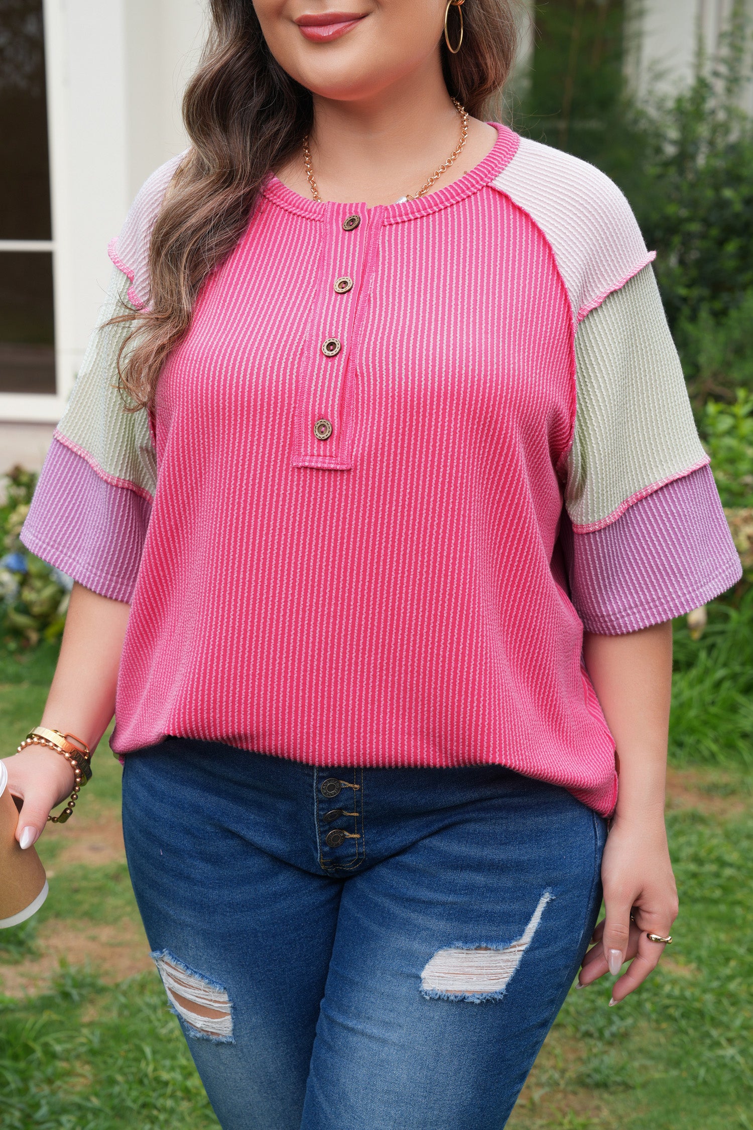 Plus Size Twisted Rib Color Block Patchwork Short Sleeve Henley Top