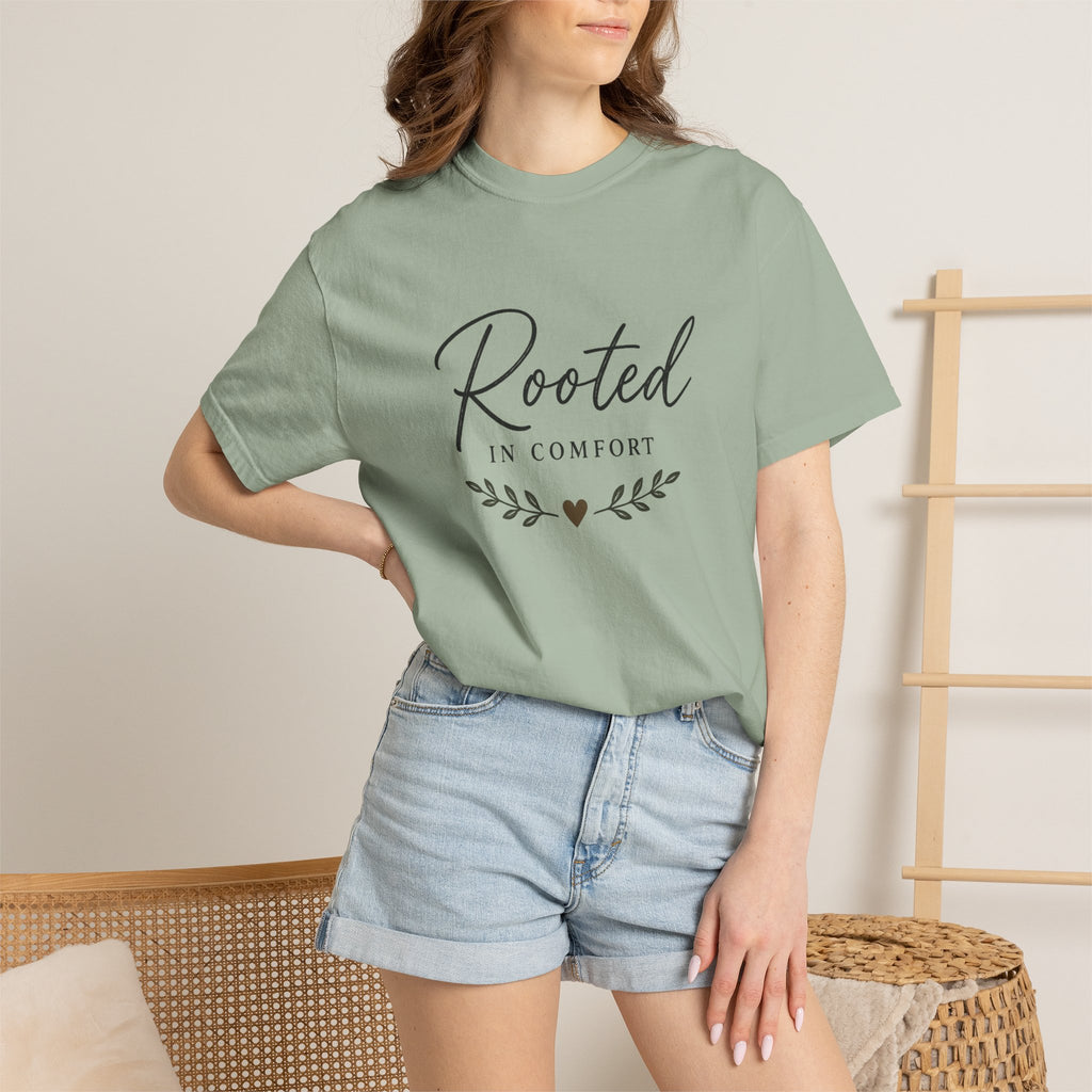 Rooted in Comfort T-Shirt — Cozy Script Graphic Tee with Leaf Accent