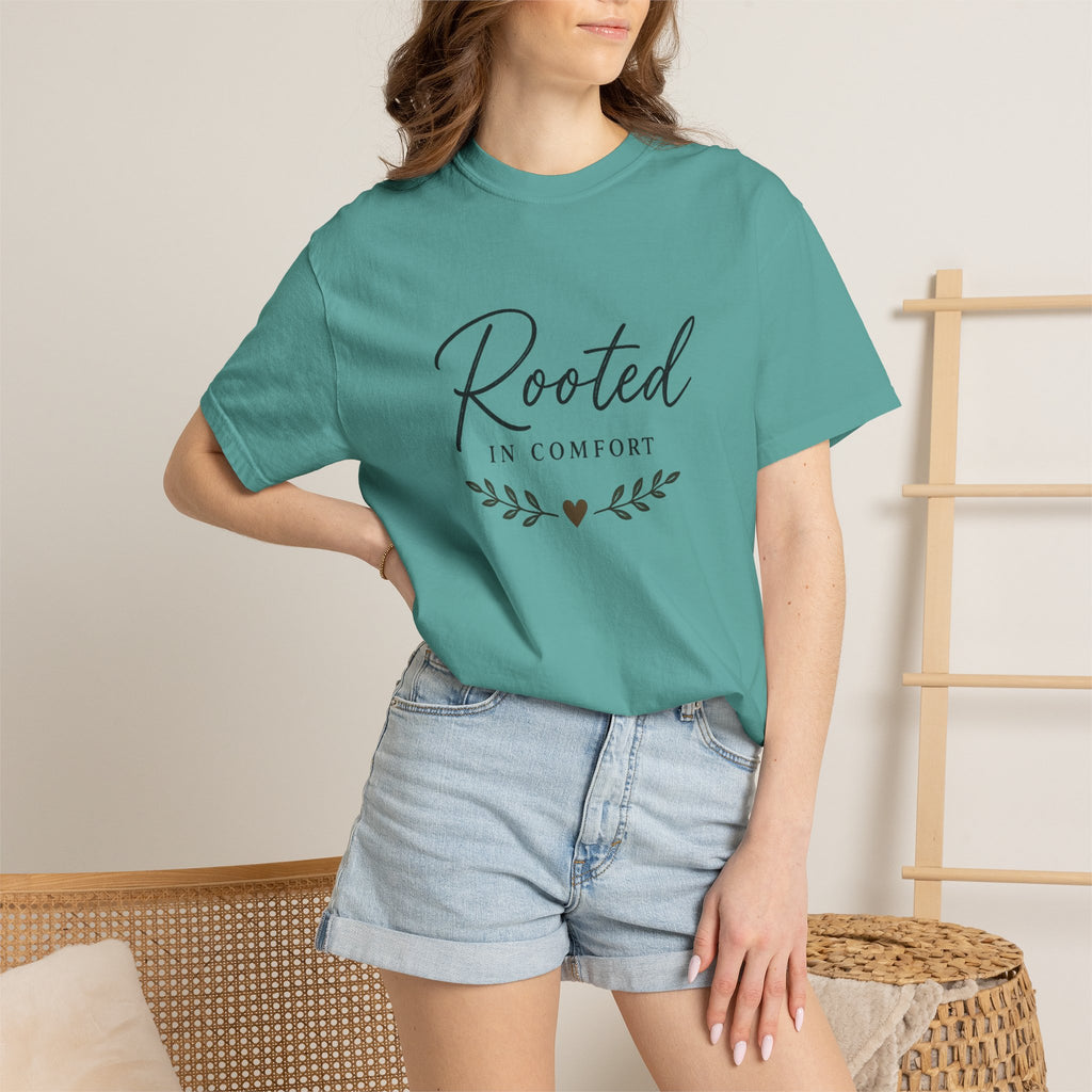 Rooted in Comfort T-Shirt — Cozy Script Graphic Tee with Leaf Accent