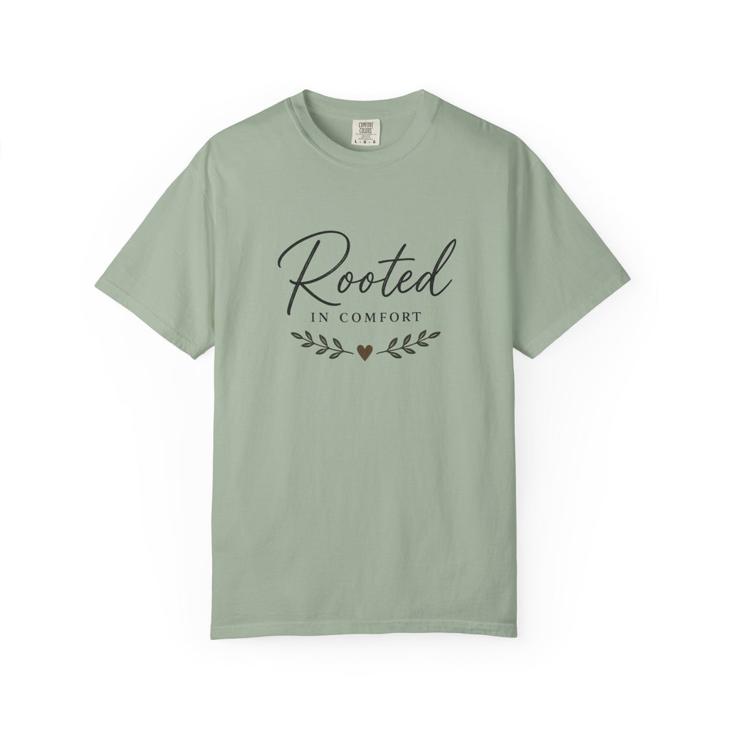 Rooted in Comfort T-Shirt — Cozy Script Graphic Tee with Leaf Accent