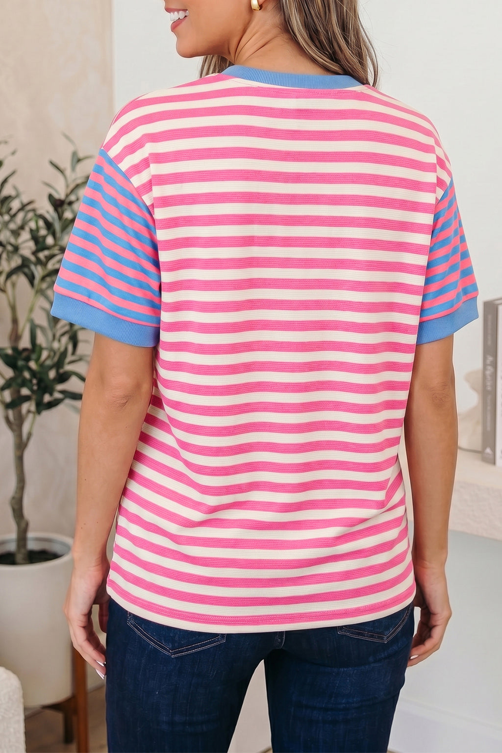 Pink Stripe Contrast Patchwork Short Sleeve Top