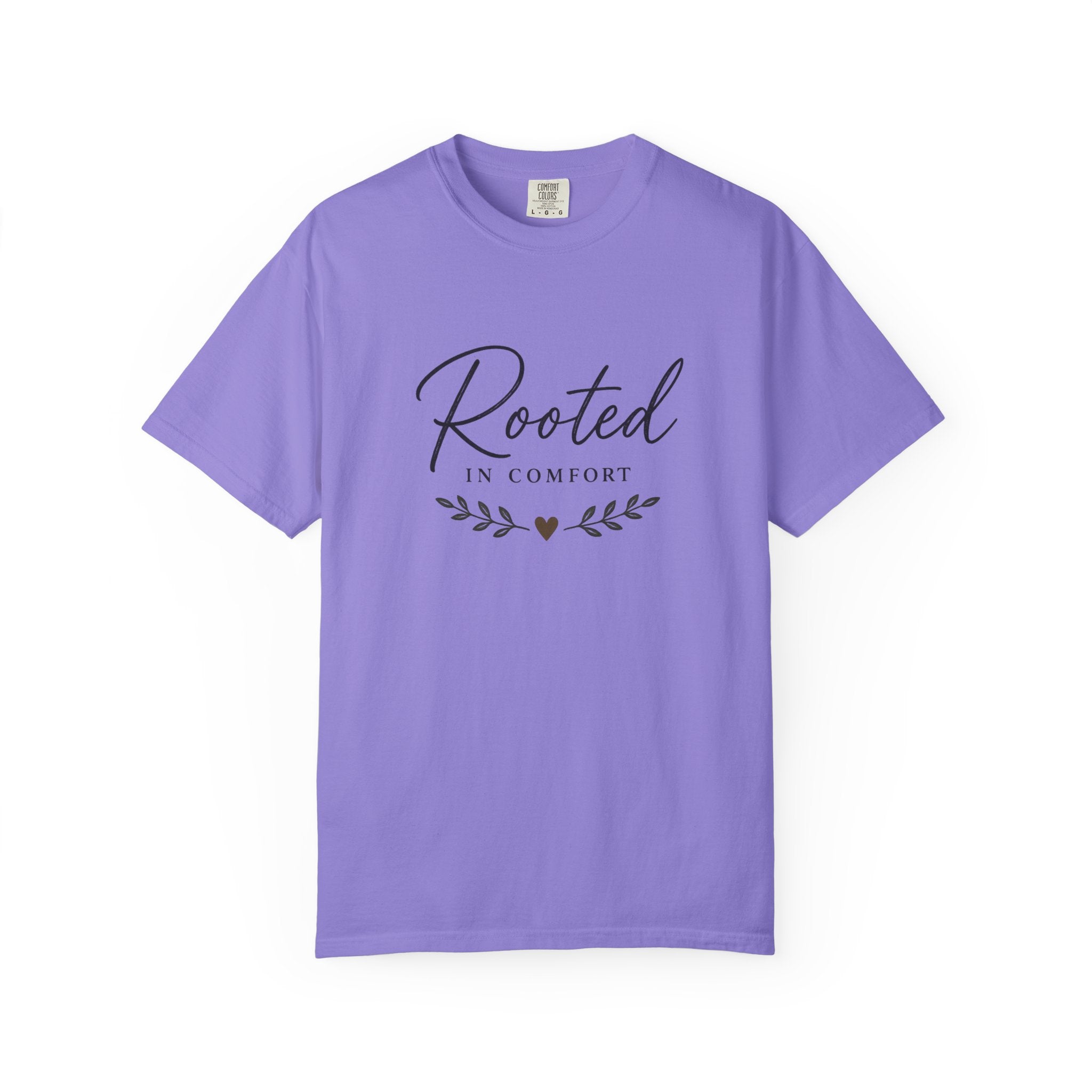 Rooted in Comfort T-Shirt — Cozy Script Graphic Tee with Leaf Accent