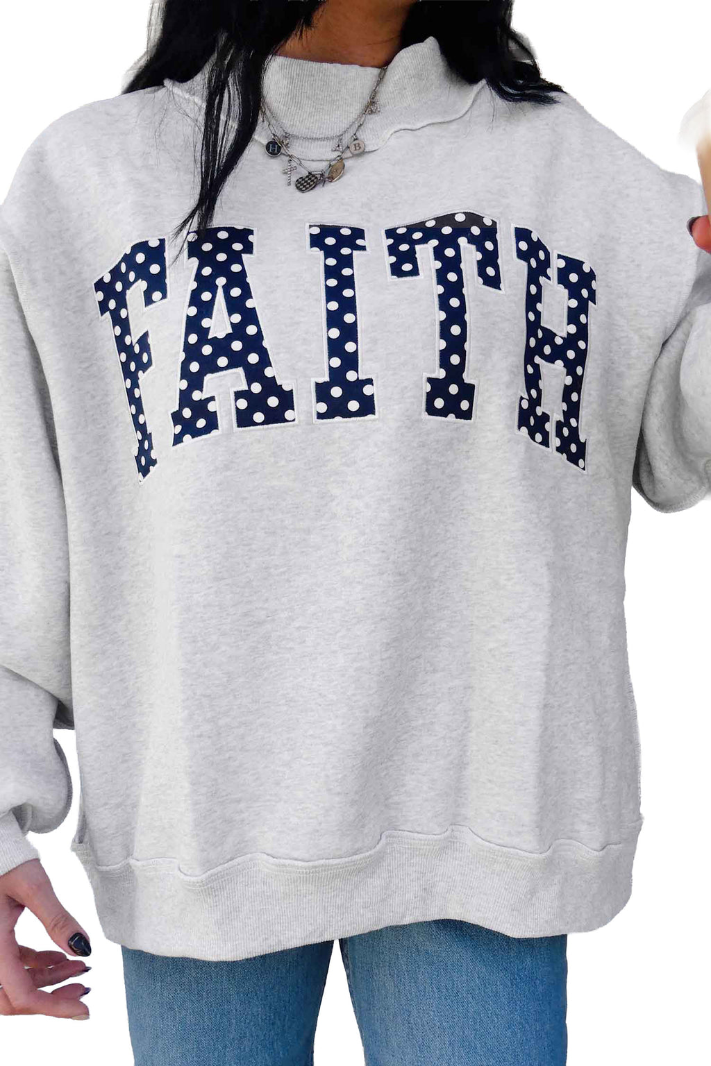 Light Grey High Neck Polka Dot Slogan Printed Sweatshirt