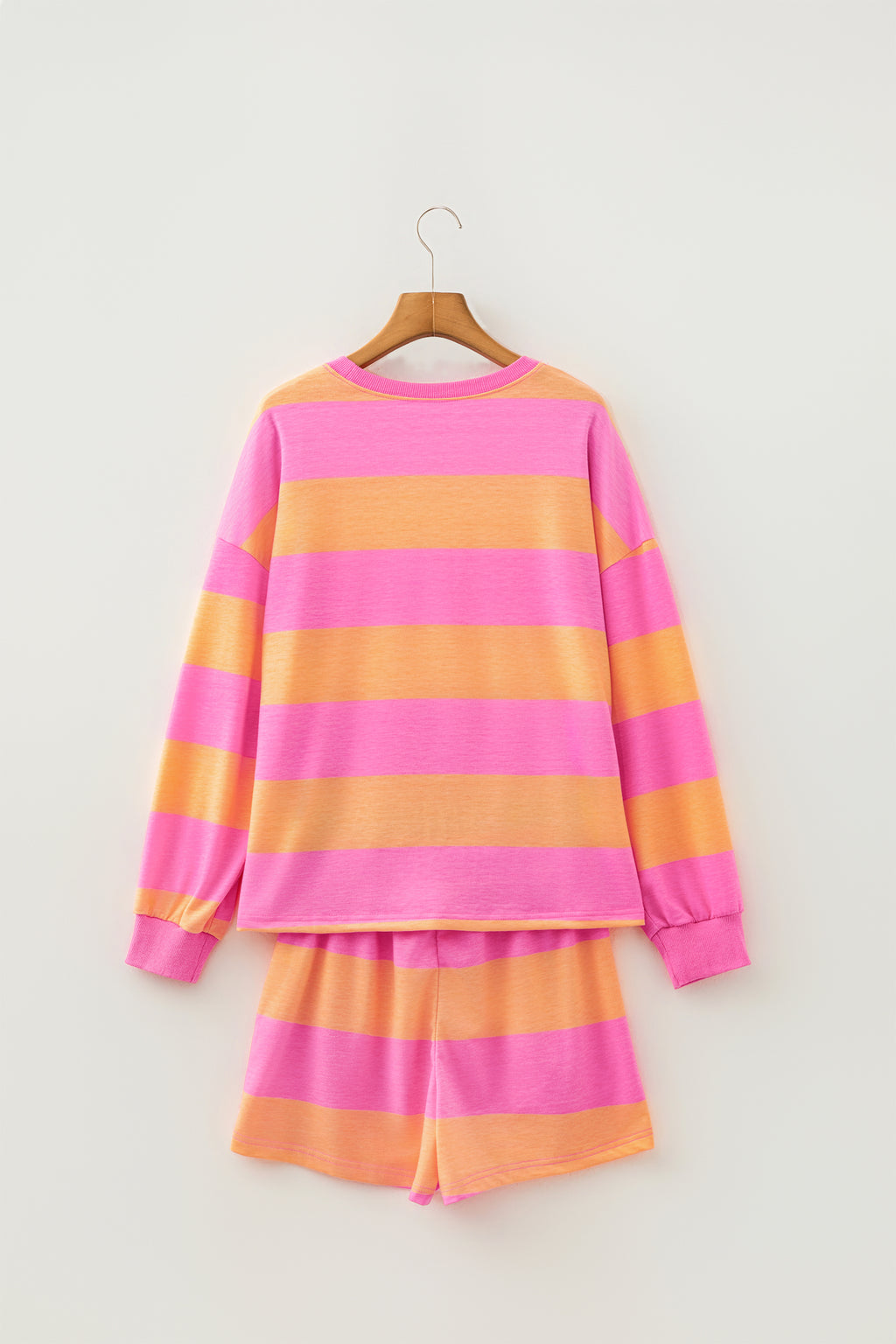 Pink Stripe Long Sleeve Casual Top Drawstring Shorts Two Piece Set