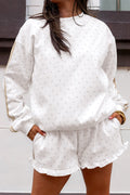 White Polka Dot Print Side Stripe Two Piece Set