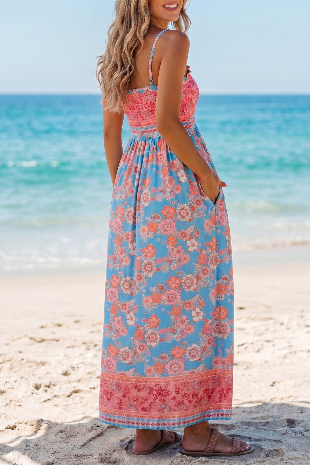 Sky Blue Bohemian Ethnic Print Spaghetti Straps Maxi Dress