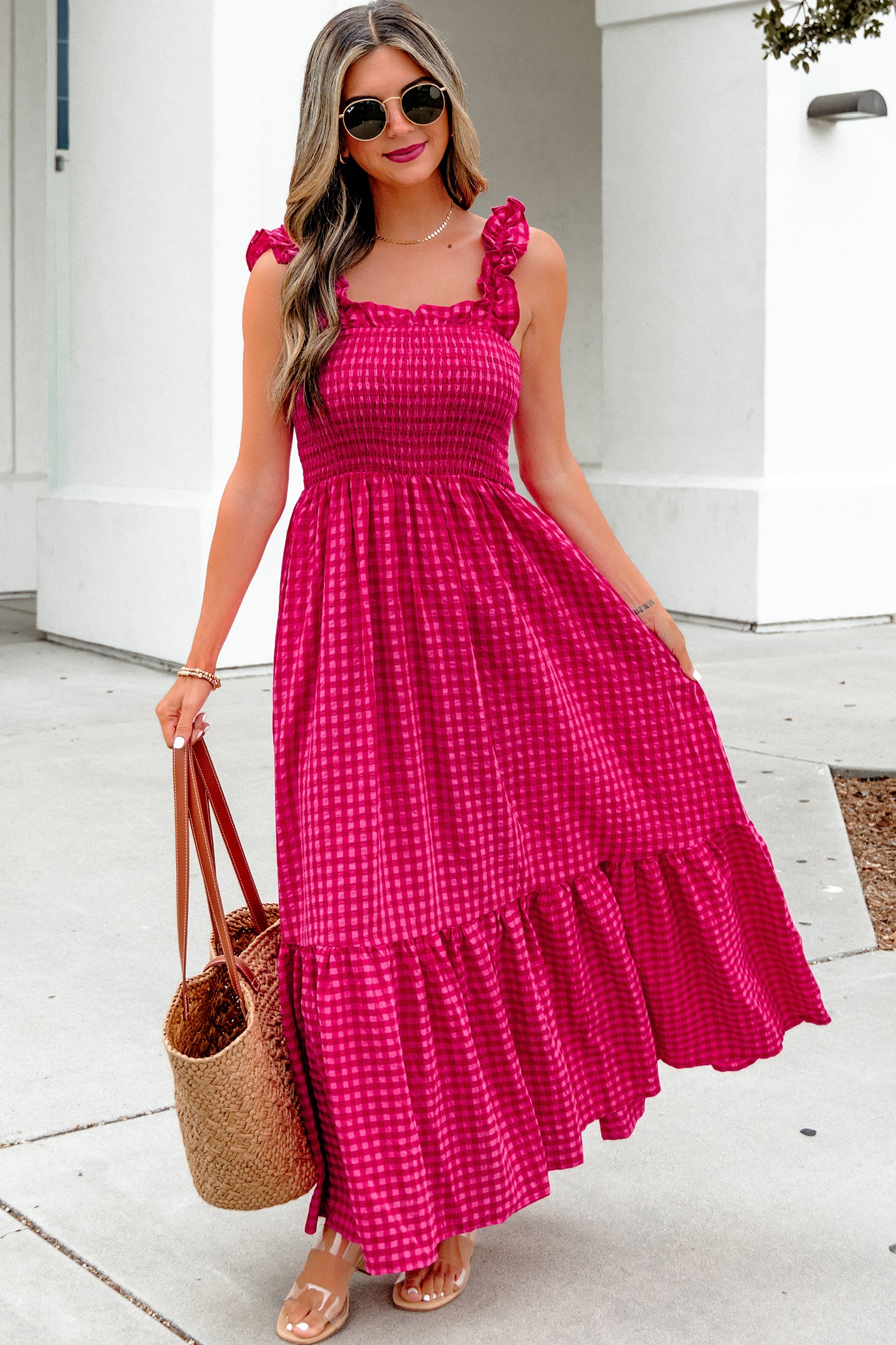Red Plaid Square Neck Fit-and-flared Sundress
