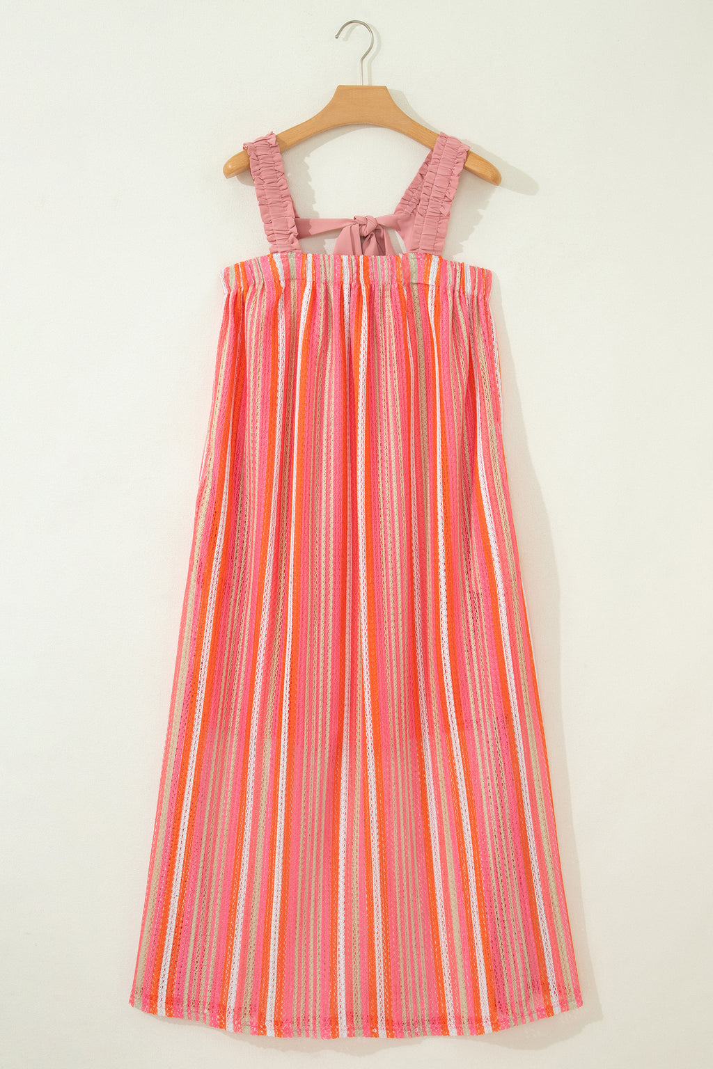 Pink Stripe Ruffled Straps Ribbon Knot Maxi Dress