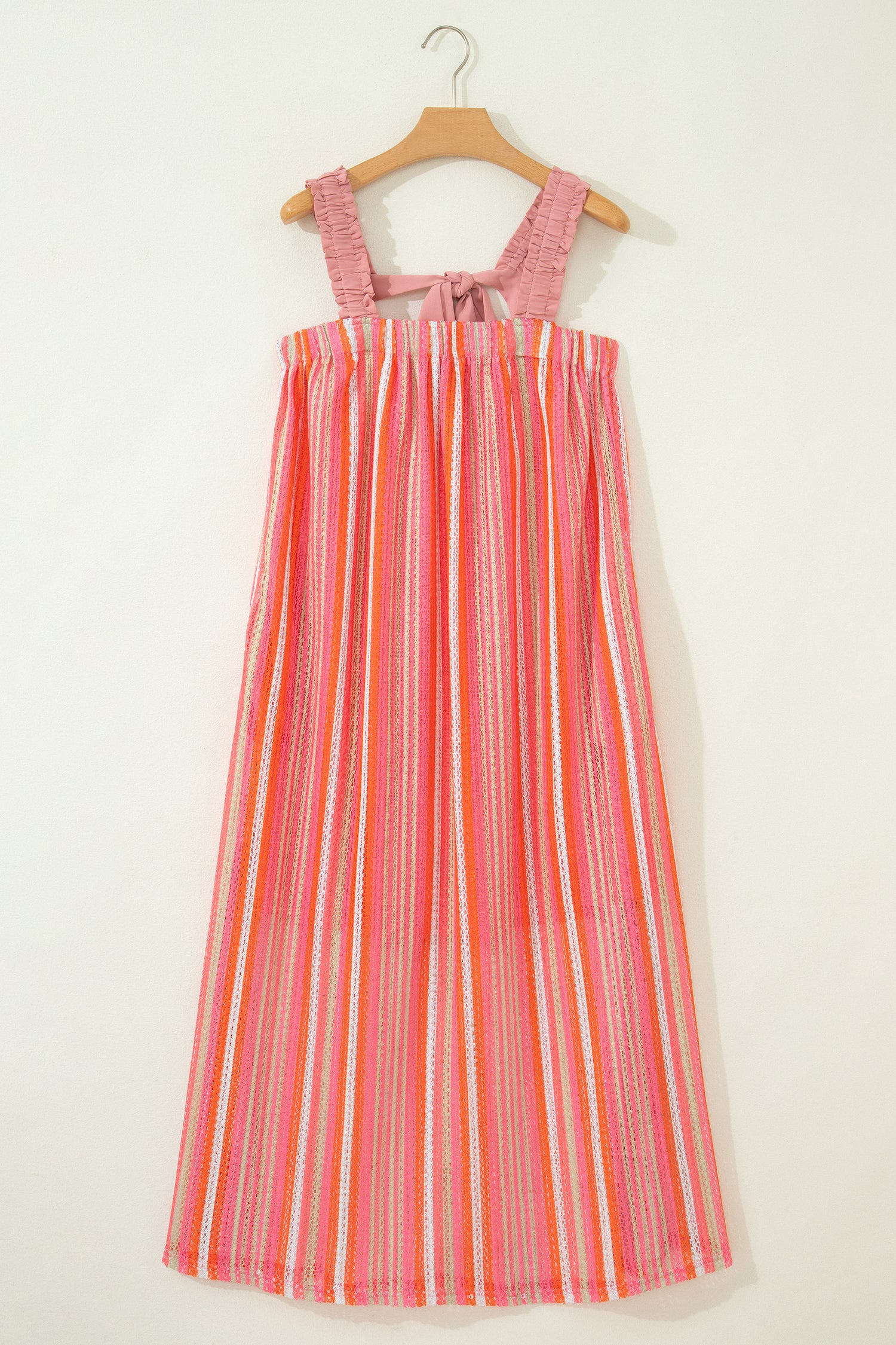 Pink Stripe Ruffled Straps Ribbon Knot Maxi Dress