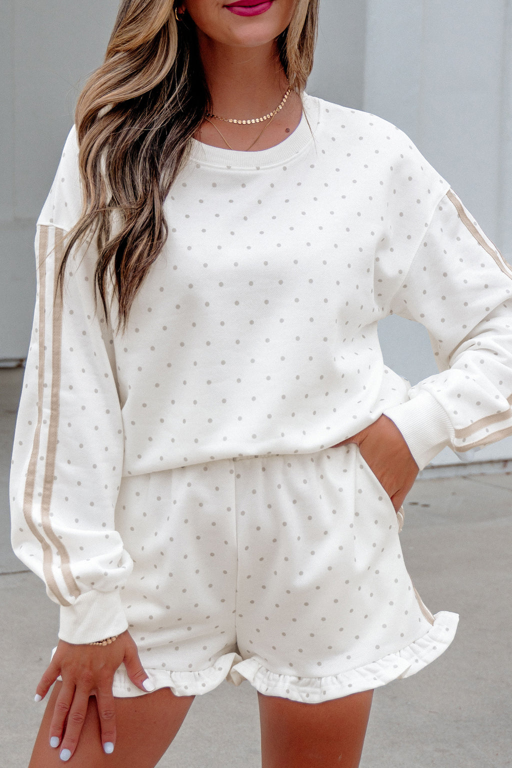 White Polka Dot Print Side Stripe Two Piece Set