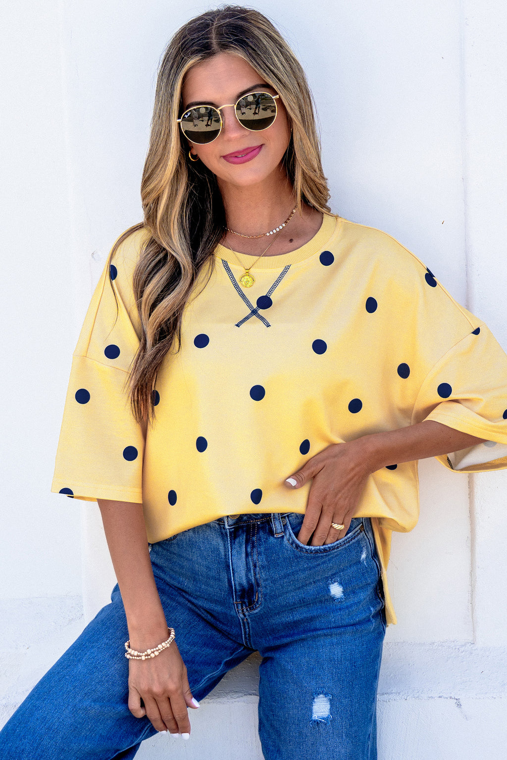 Sky Blue Polka Dot Print Crossed Seam Detail Oversize Top