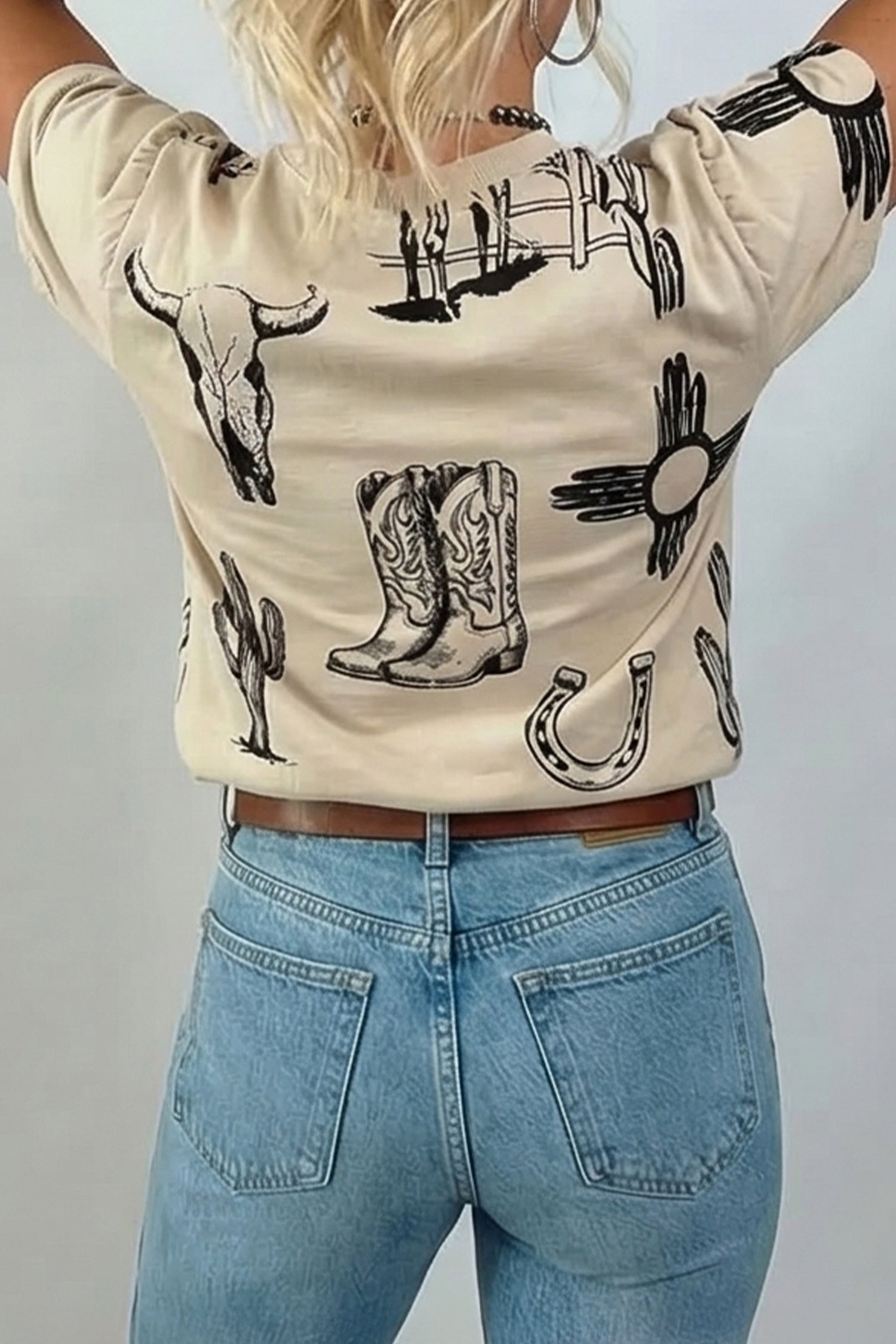 Beige Retro Western Print Top