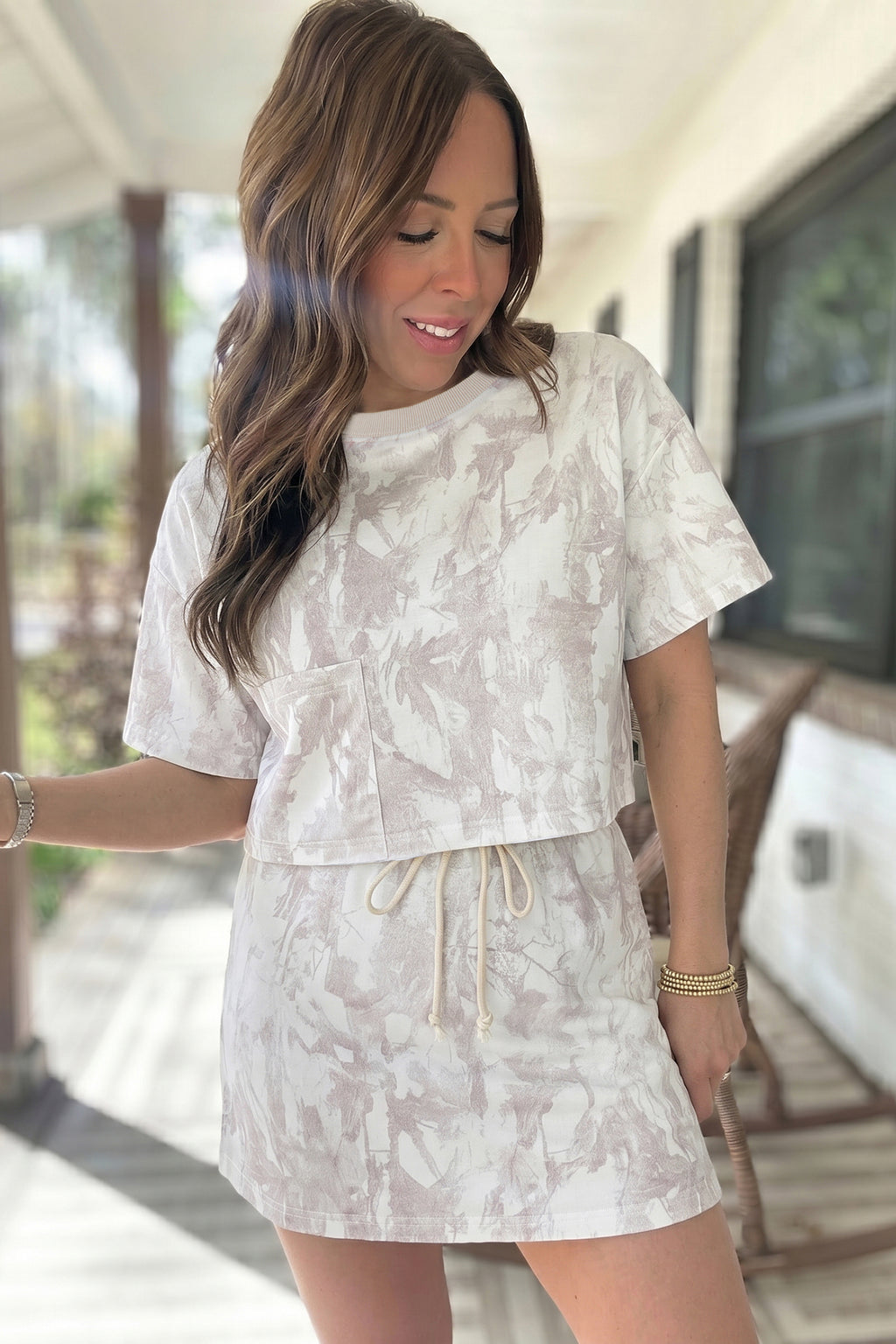 Gray Woodland Camo Print Raw Edge Cropped Set