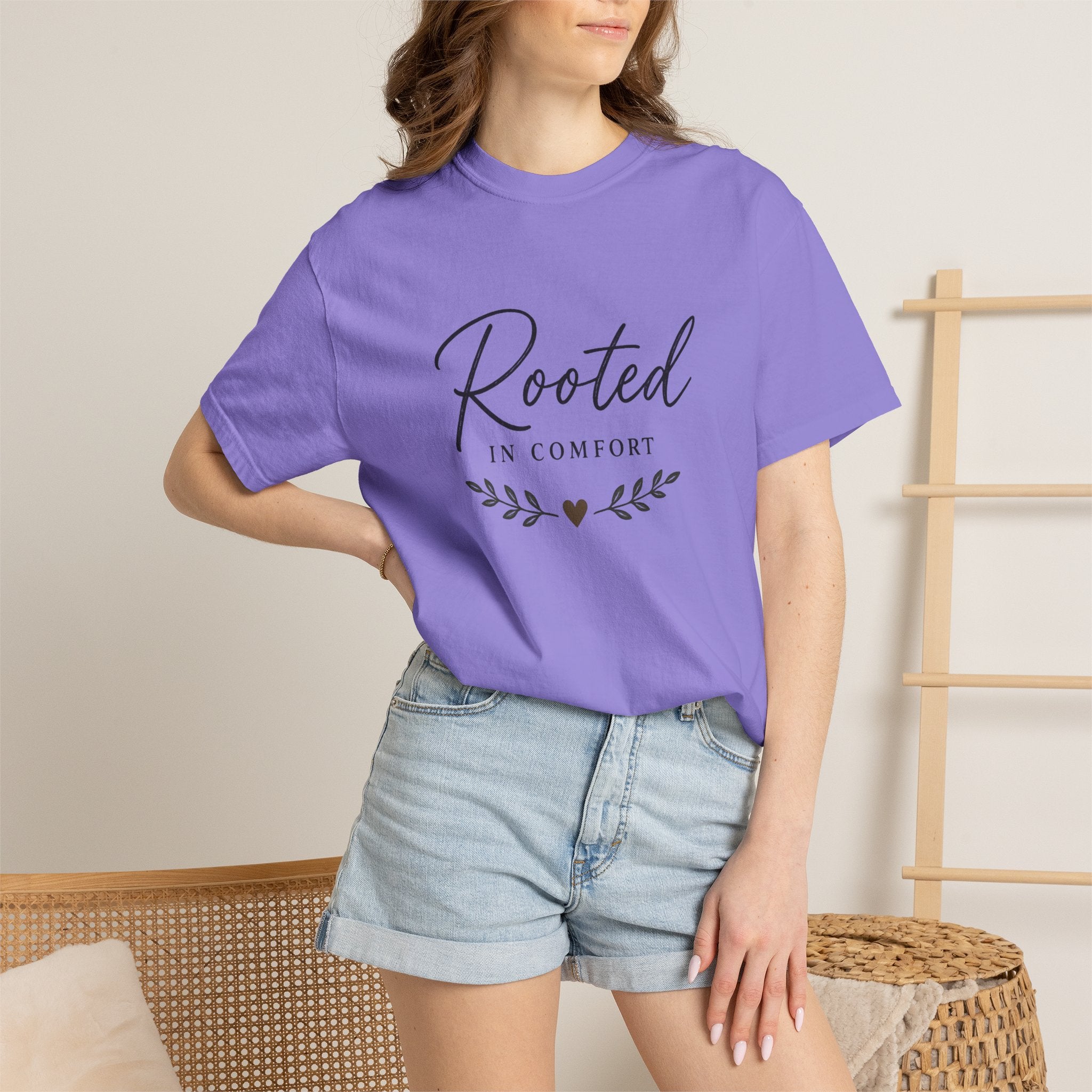 Rooted in Comfort T-Shirt — Cozy Script Graphic Tee with Leaf Accent