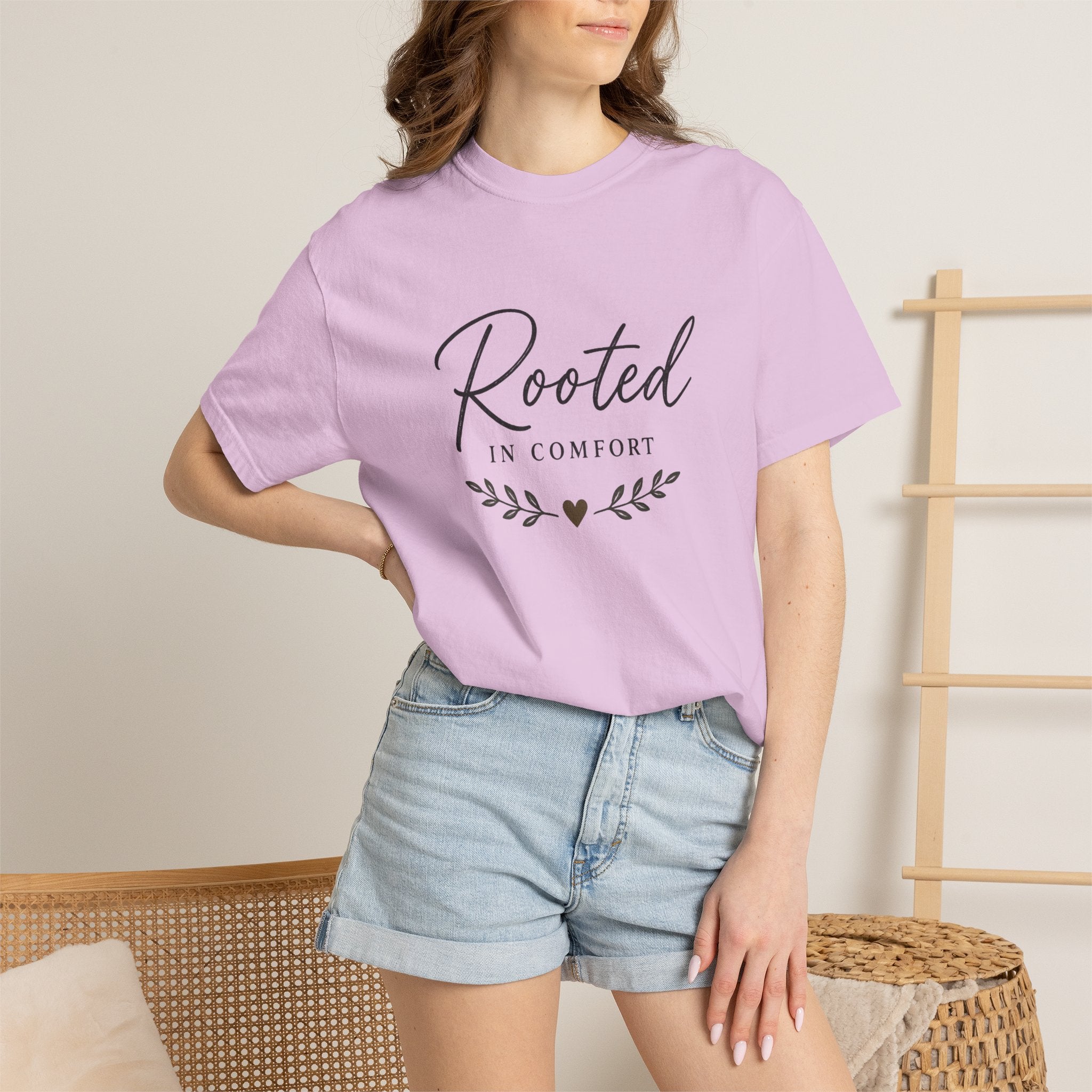 Rooted in Comfort T-Shirt — Cozy Script Graphic Tee with Leaf Accent