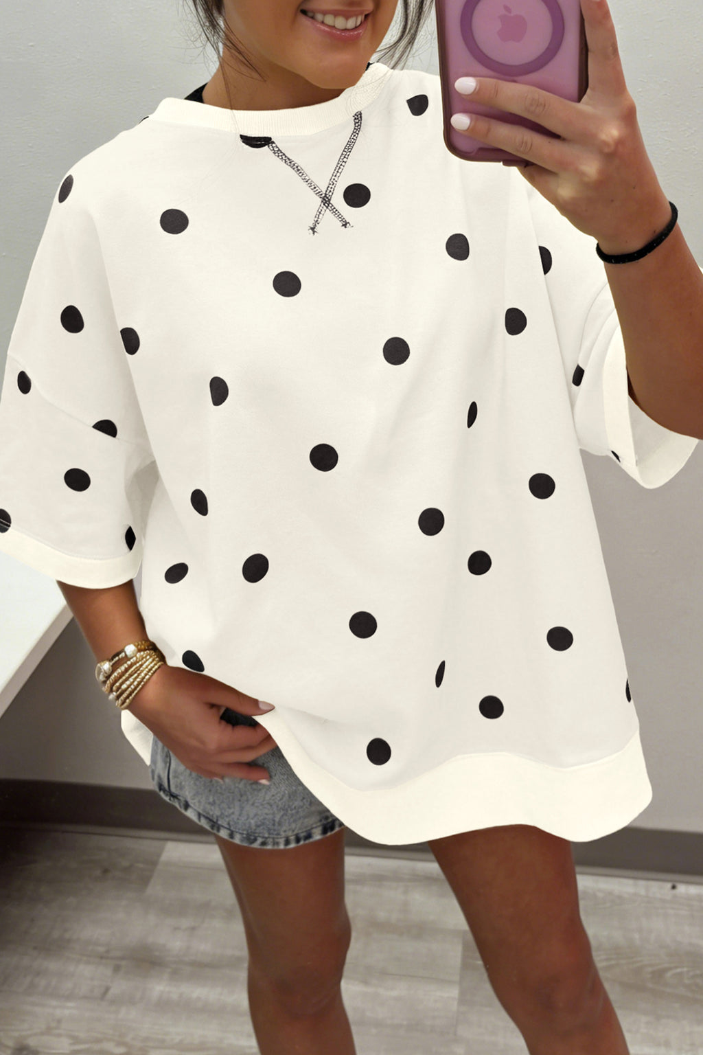 Sky Blue Polka Dot Print Crossed Seam Detail Oversize Top
