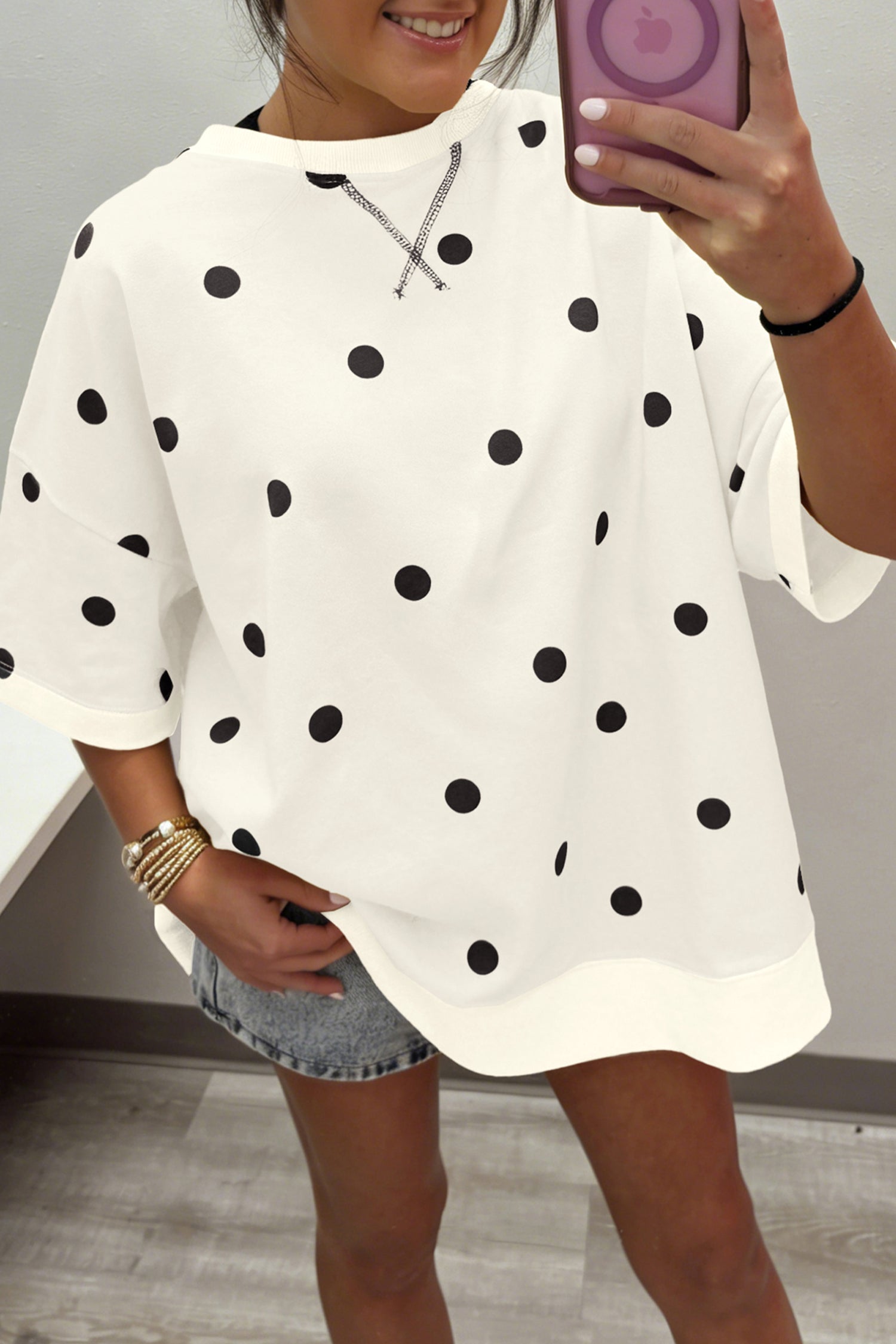 Sky Blue Polka Dot Print Crossed Seam Detail Oversize Top