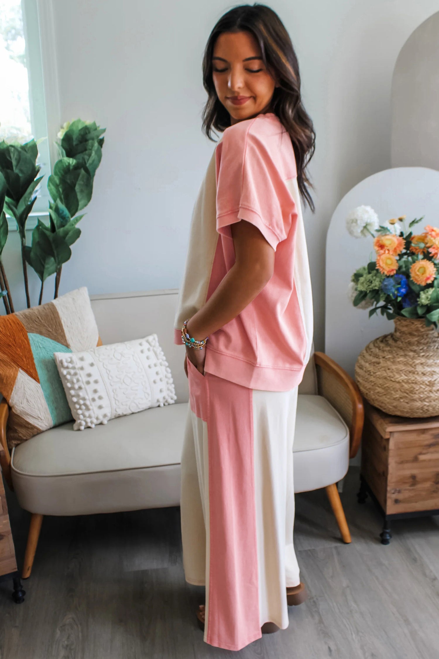 White Two-tone Color Block Drawstring Loose Pant Set