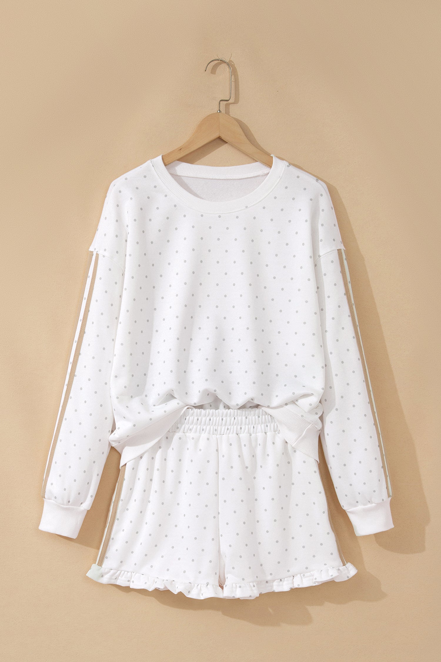 White Polka Dot Print Side Stripe Two Piece Set