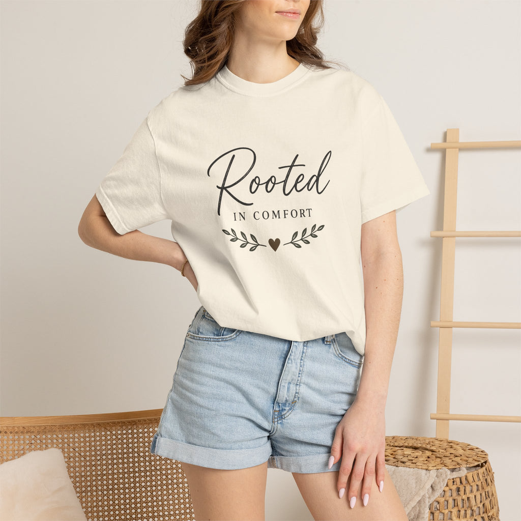 Rooted in Comfort T-Shirt — Cozy Script Graphic Tee with Leaf Accent