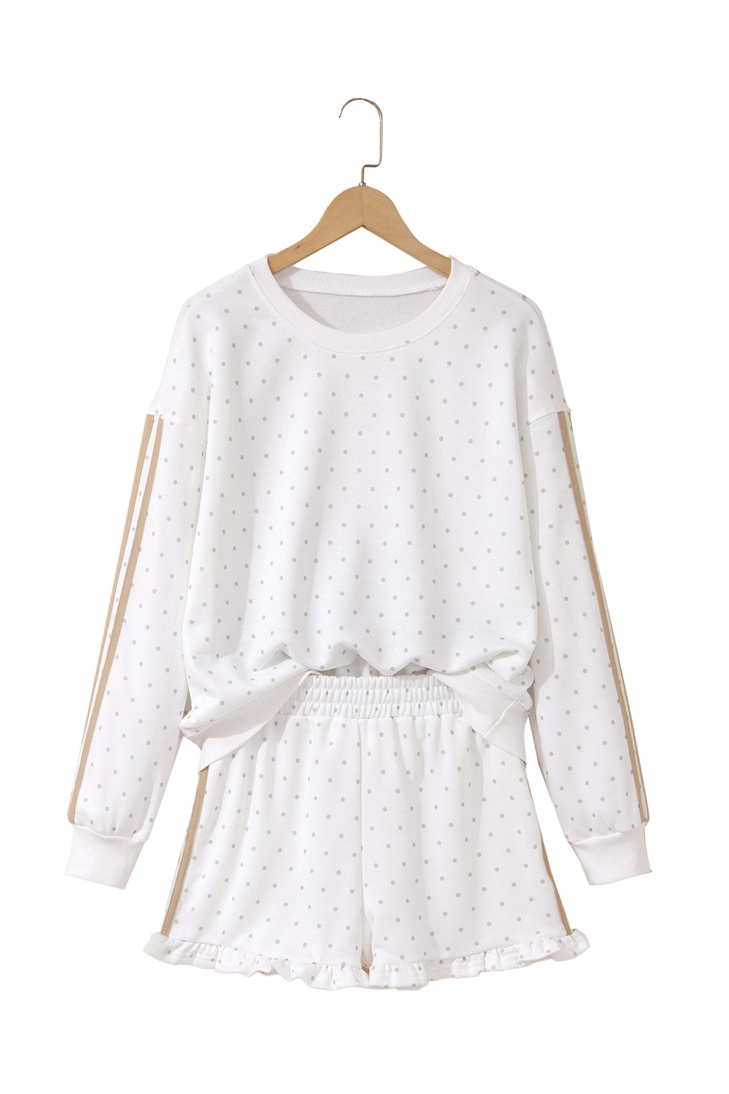 White Polka Dot Print Side Stripe Two Piece Set